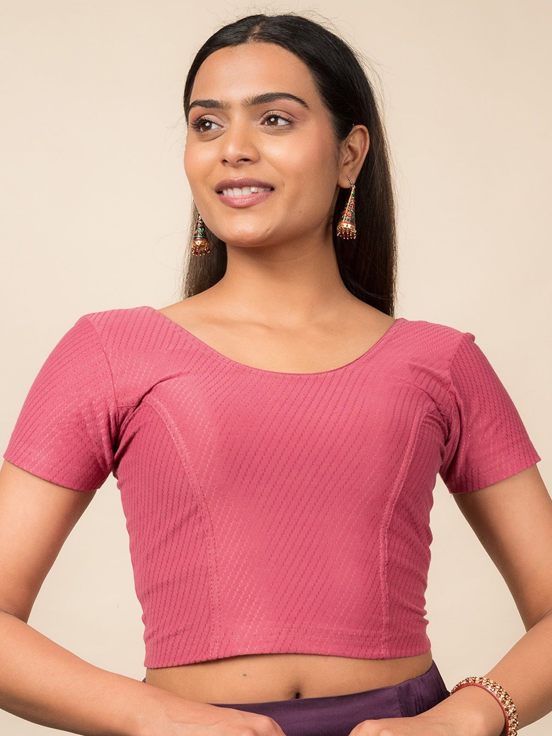 

Bindigasm's Advi Self Designed Texture Cotton Stretchable Slip On Saree Blouse, Pink