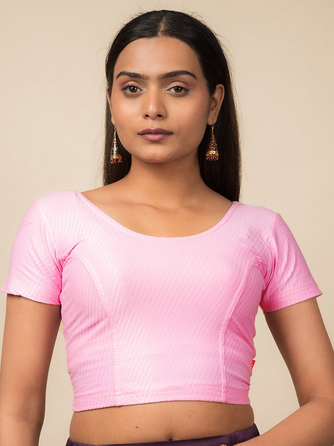 

Bindigasm's Advi Self Designed Texture Cotton Stretchable Slip On Saree Blouse, Pink