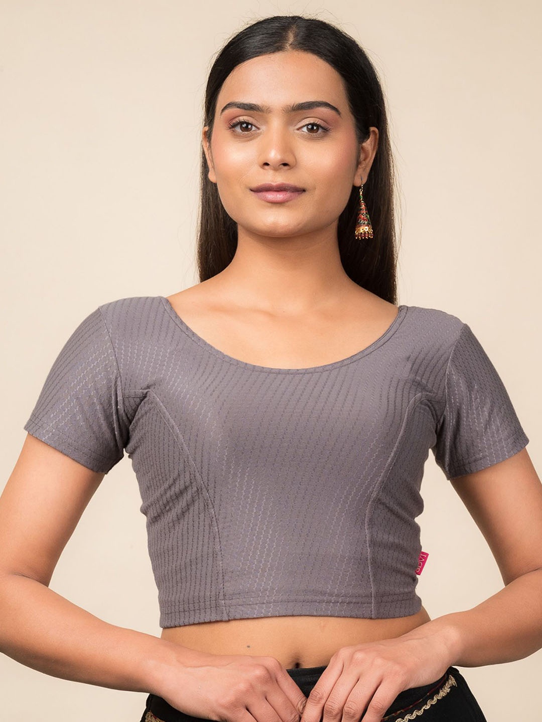 

Bindigasm's Advi Self Designed Texture Cotton Stretchable Slip On Saree Blouse, Grey