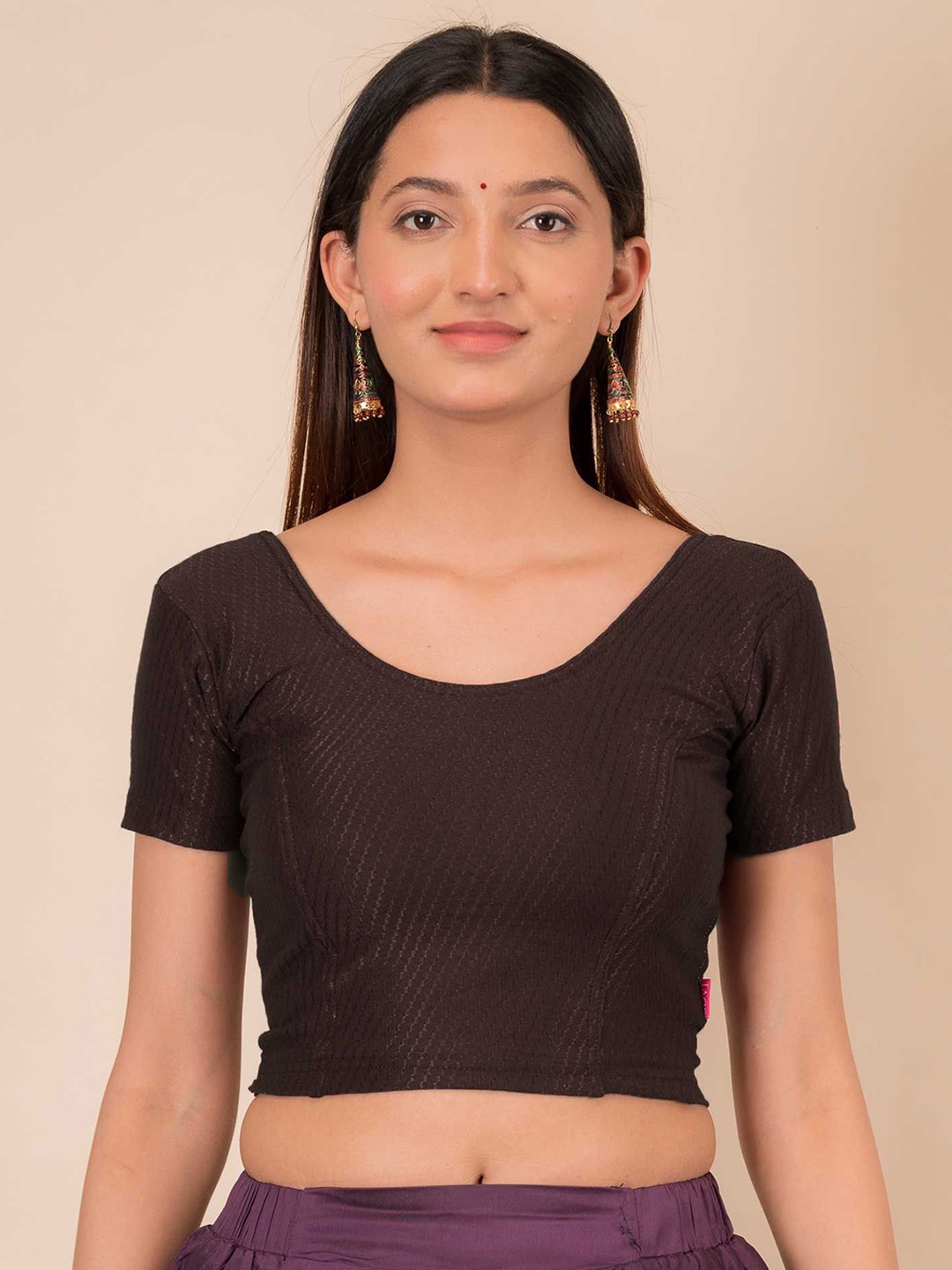 

Bindigasm's Advi Self Designed Texture Cotton Stretchable Slip On Saree Blouse, Coffee brown