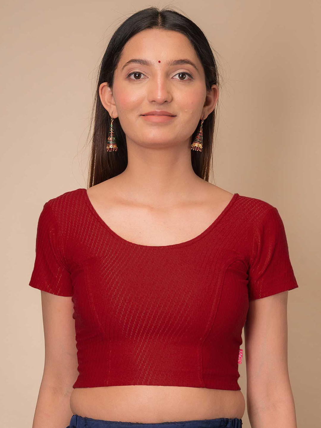 

Bindigasm's Advi Self Designed Texture Cotton Stretchable Slip On Saree Blouse, Red
