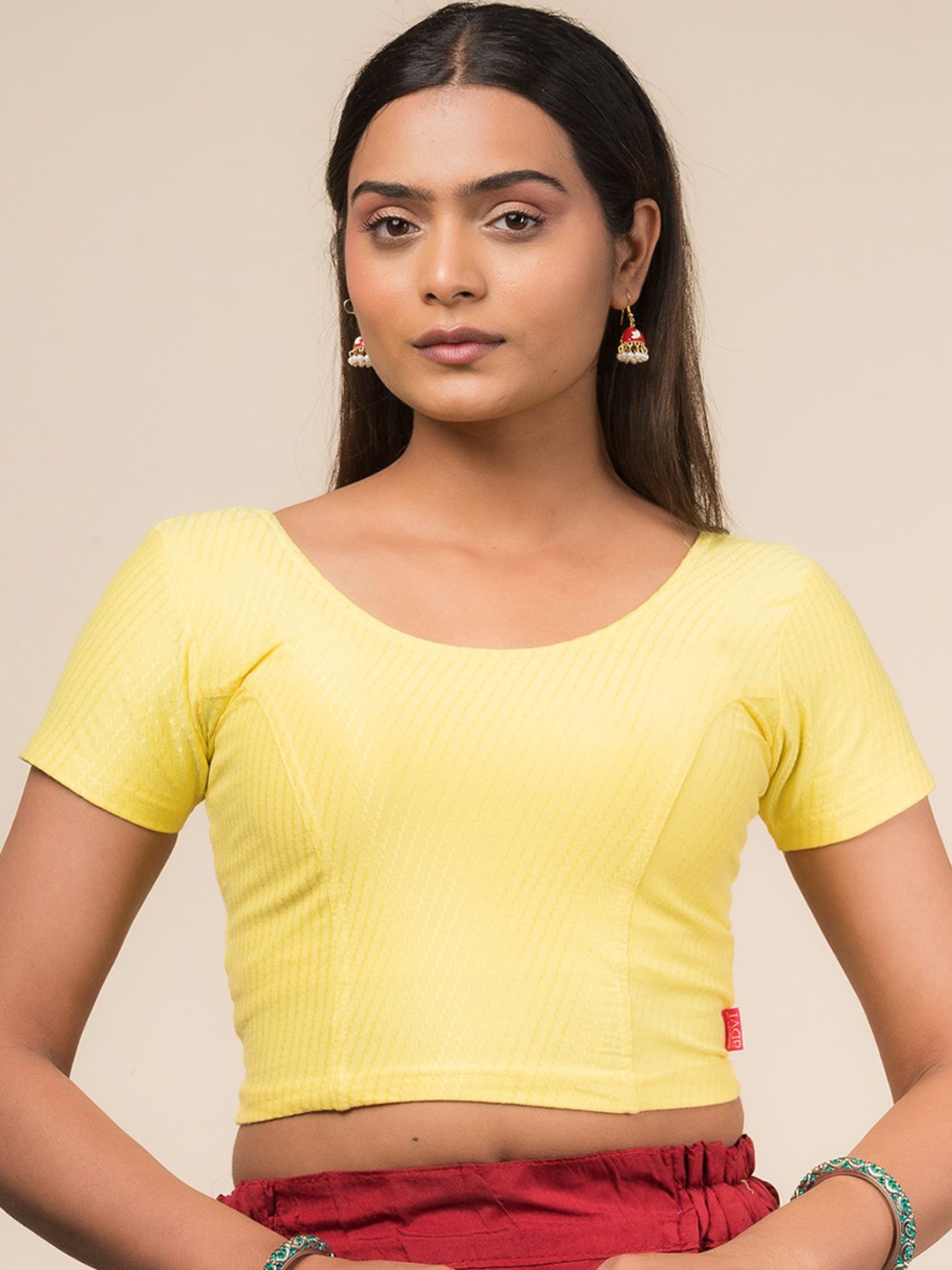 

Bindigasm's Advi Self Designed Texture Cotton Stretchable Slip On Saree Blouse, Yellow