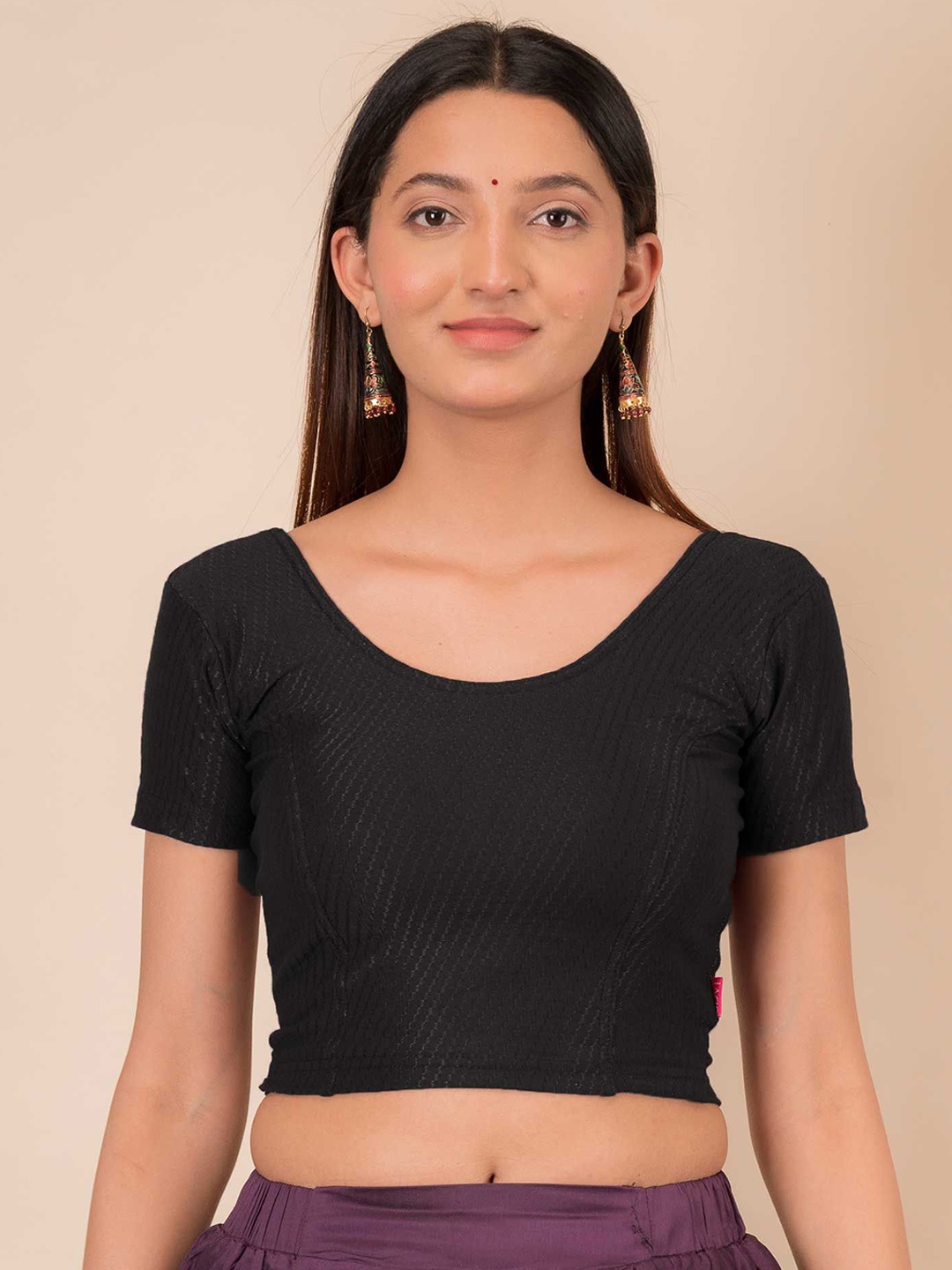 

Bindigasm's Advi Self Designed Cotton Stretchable Slip On Saree Blouse, Black