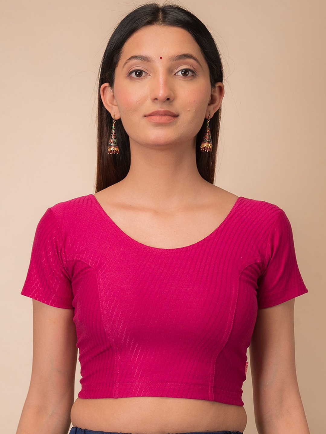 

Bindigasm's Advi Self Designed Texture Cotton Stretchable Slip On Saree Blouse, Pink