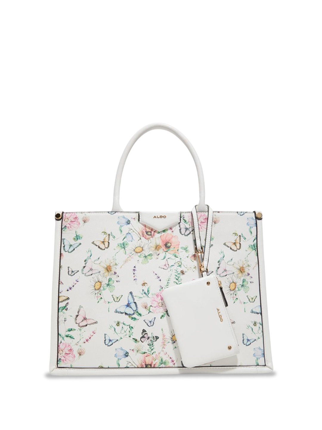 

ALDO Women Floral Printed Structured Leather Handheld Bag With Pouch, Off white