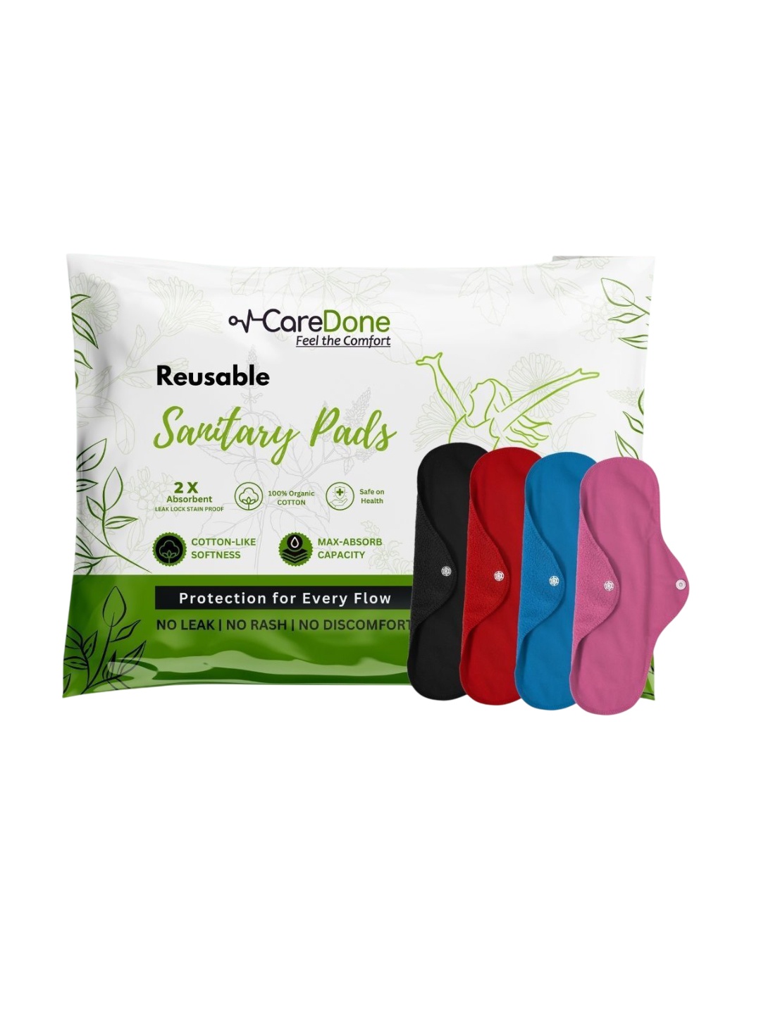 

CareDone Set Of 4 Washable & Reusable Comfty Extra Large Organic Cotton Sanitary Pads - Xl, Black