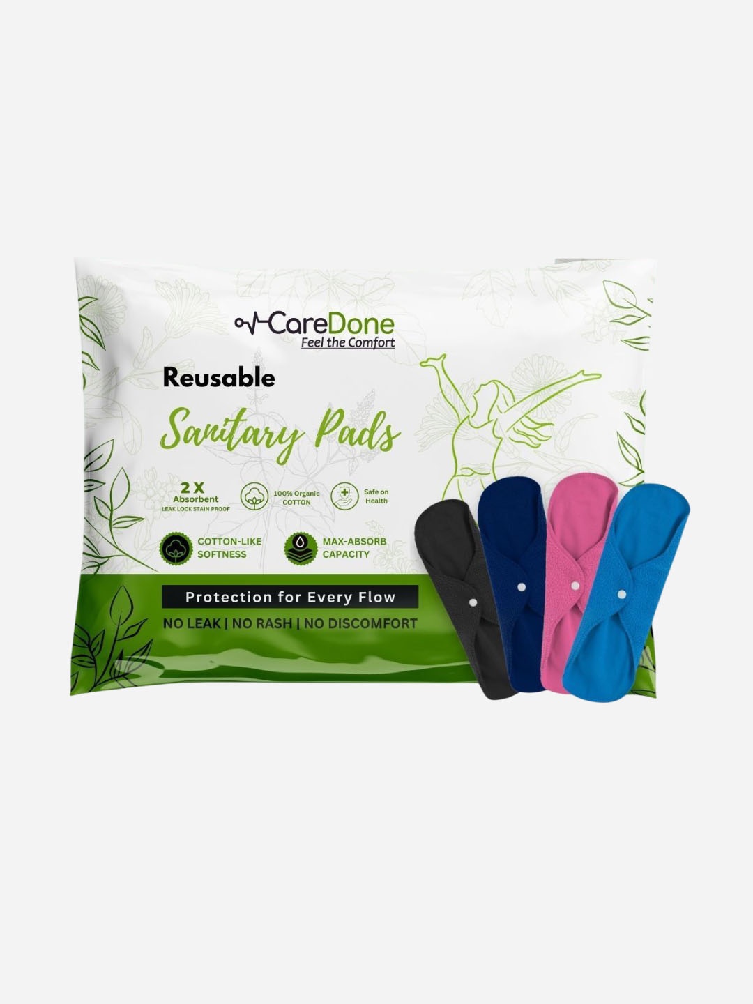 

CareDone Set Of 4 Washable & Reusable Comfty Extra Large Organic Cotton Sanitary Pads - Xl, Blue