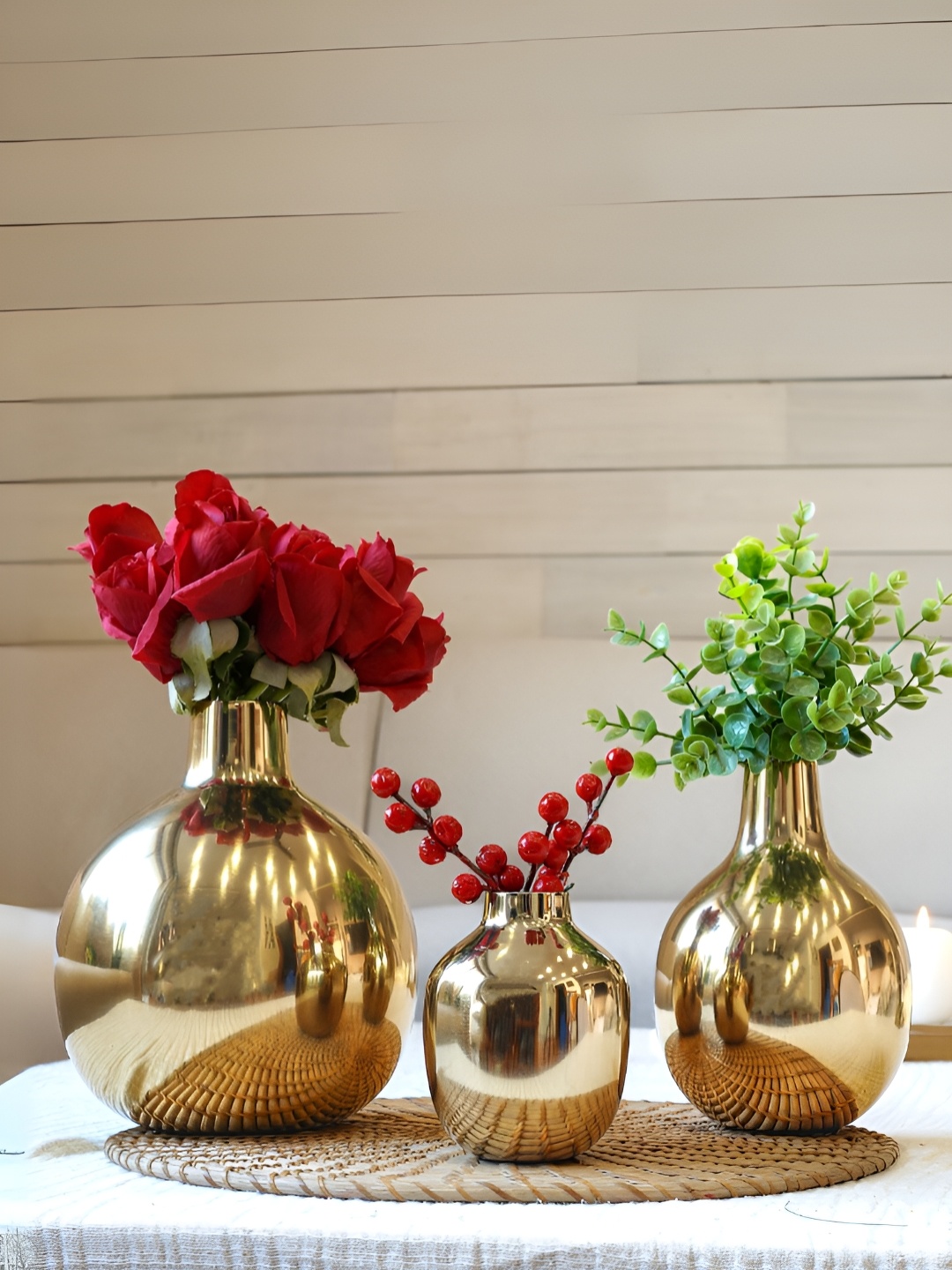 

BEHOMA Set of 3 Glossy Golden Metal Flower Vase, Gold