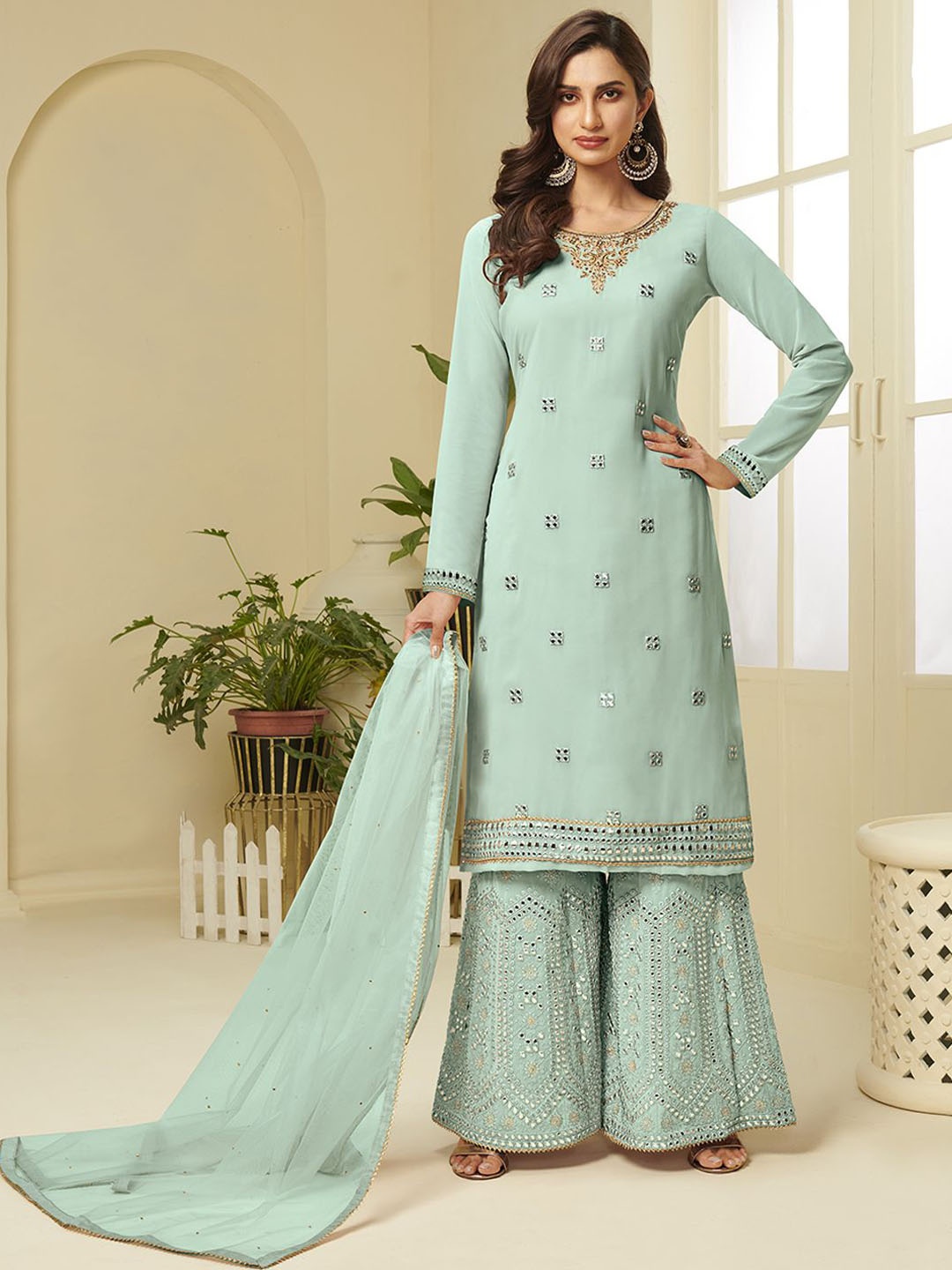 

ALIZEH Embroidered Round Neck Full Sleeves Short Kurta With Embroidered Sharara & Dupatta, Blue