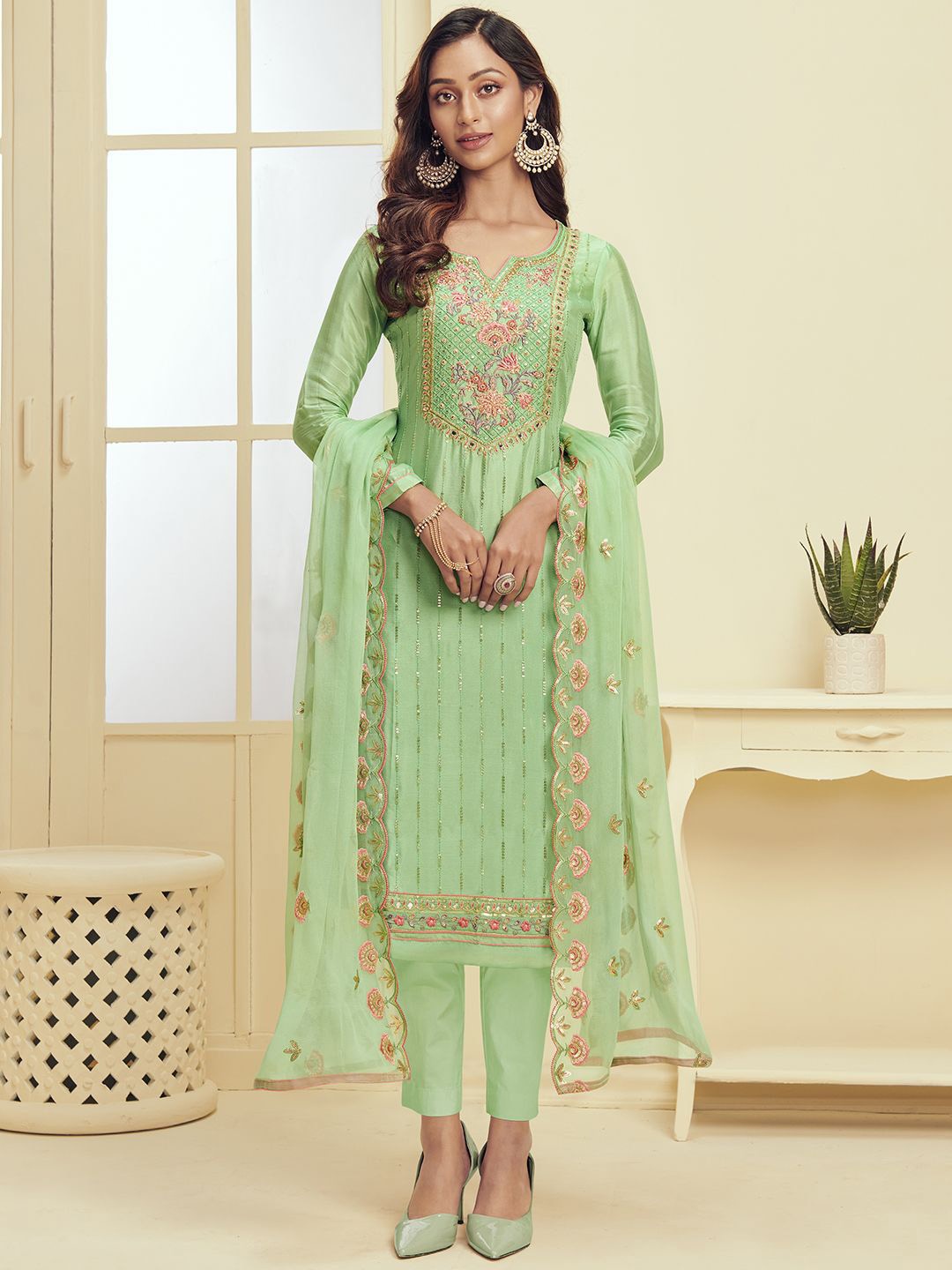 

ALIZEH Floral Embroidered Straight Kurta With Pant and Dupatta, Sea green