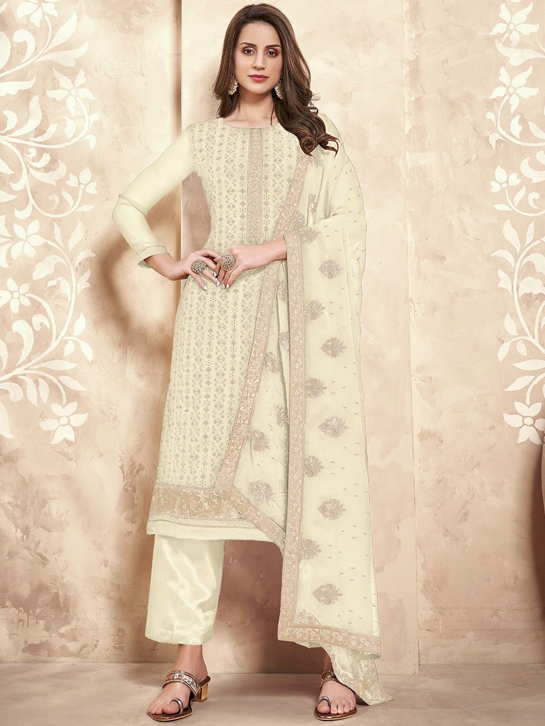 

ALIZEH Ethnic Motifs Embroidered Staight Suit With Trousers And Dupatta, Off white