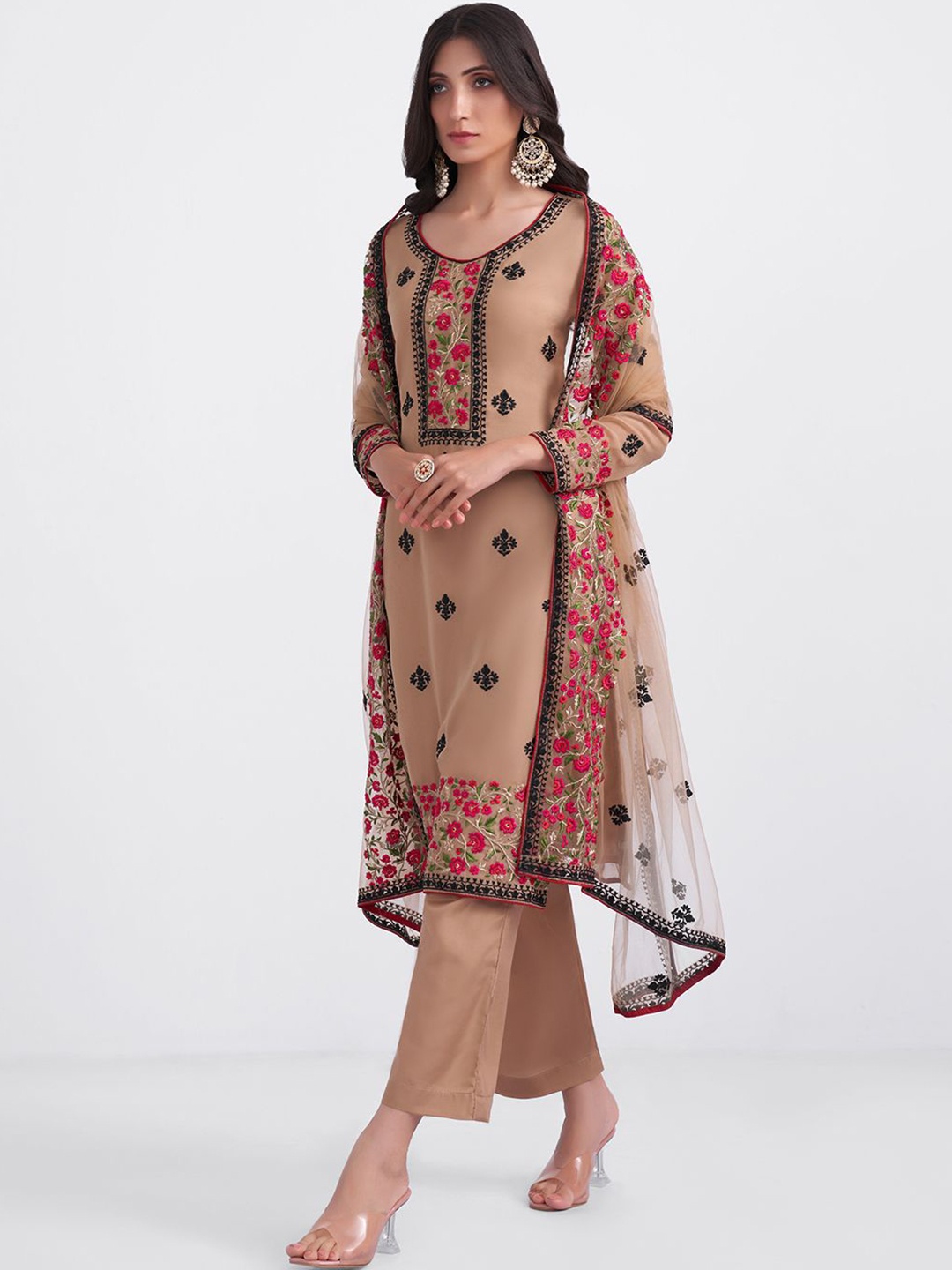 

ALIZEH Floral Printed Embroidered Kurta With Trousers And Heavy Dupatta, Tan