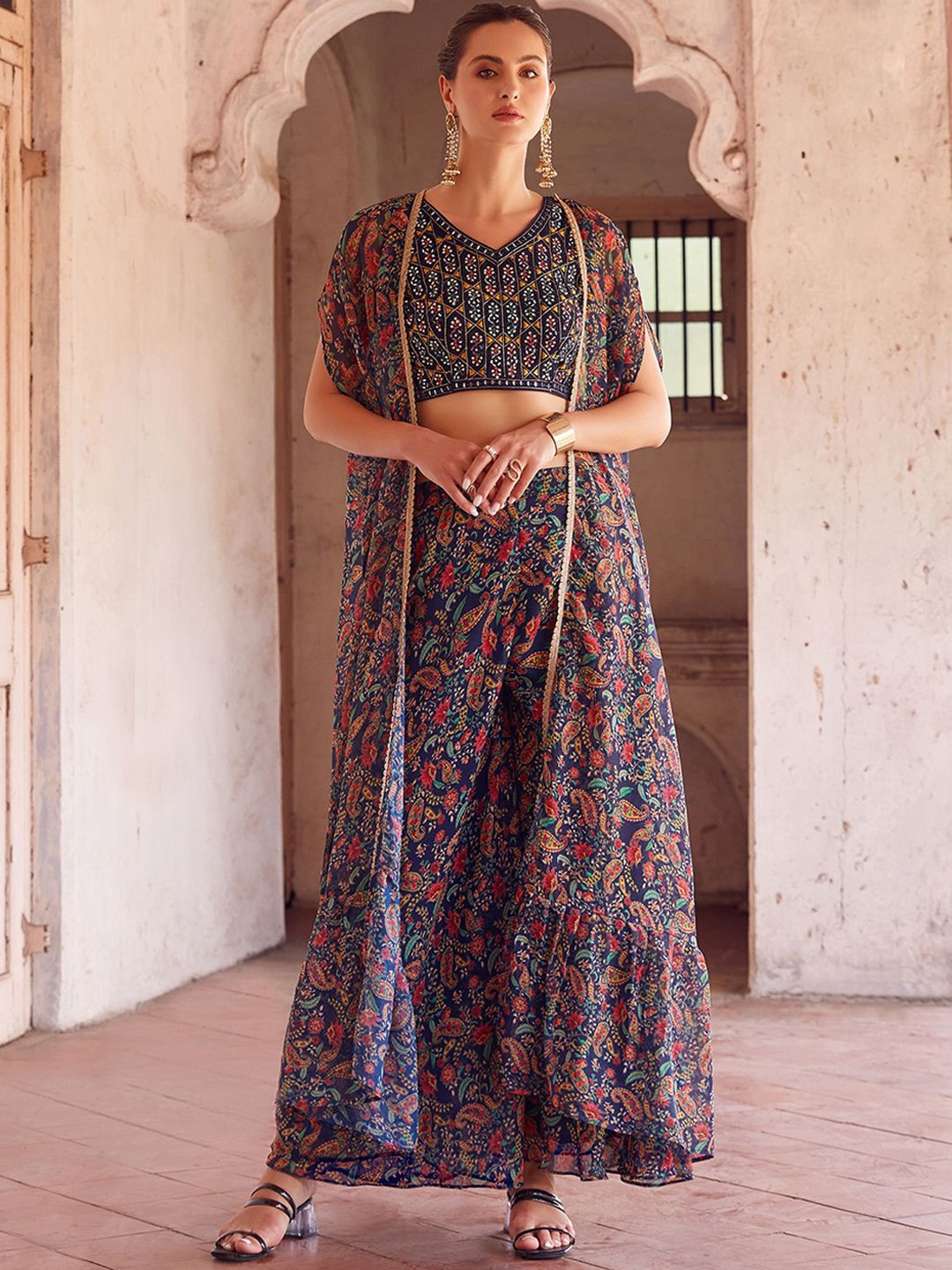 

ALIZEH Floral Printed Indo Western Sharara & Blouse With Frilled Cape, Navy blue