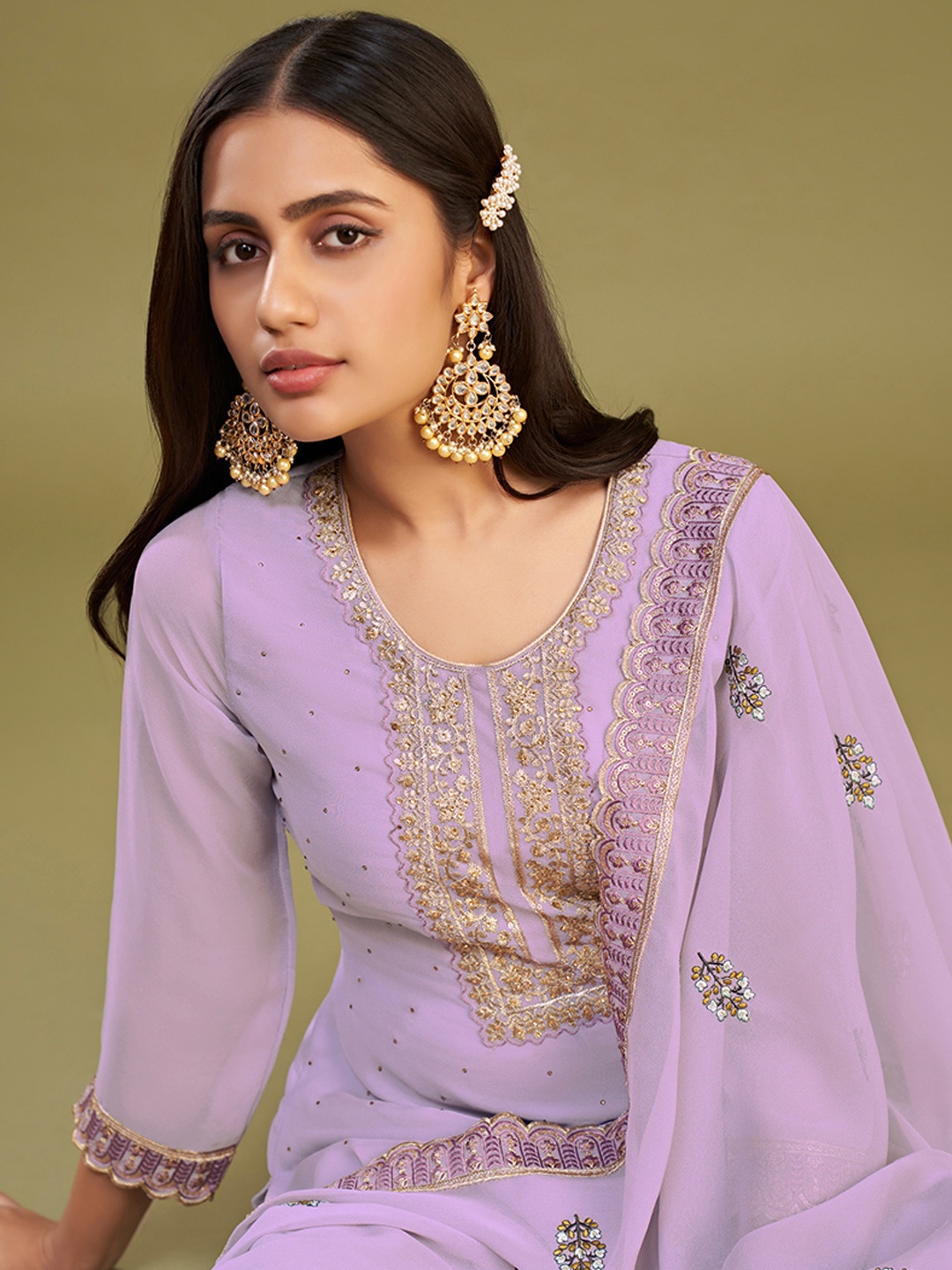 

ALIZEH Floral And Zari Embroidered Staight Kurta With Trousers And Dupatta, Mauve