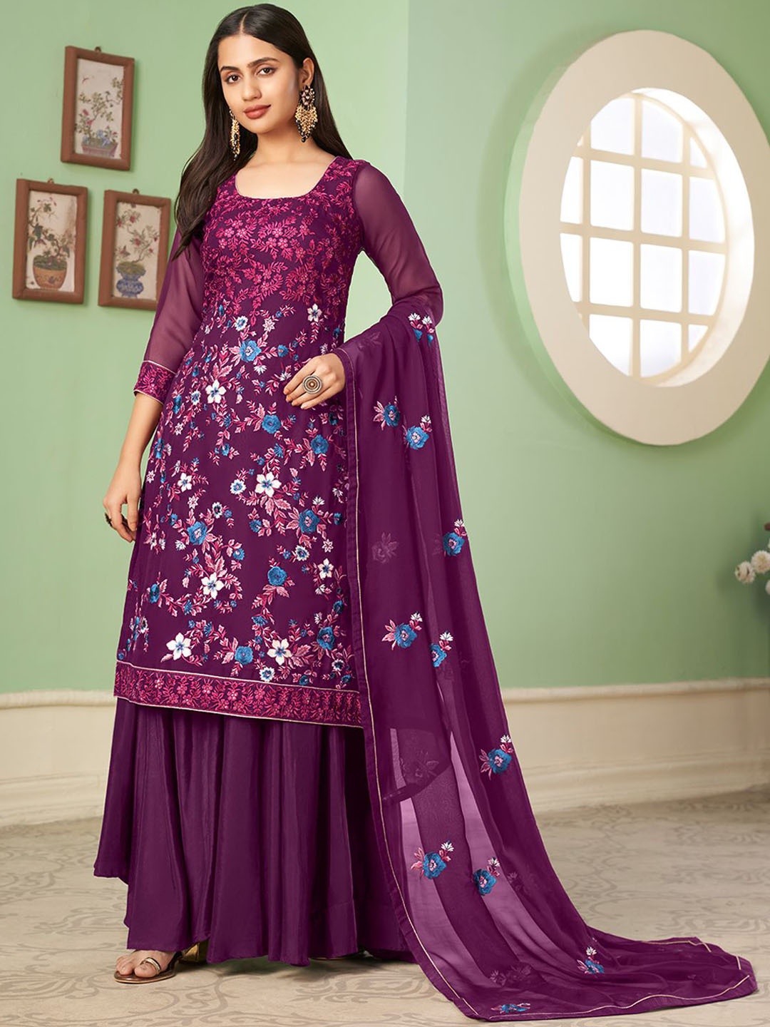 

ALIZEH Floral Embroidered round Neck Kurta With Sharara And Dupatta, Magenta