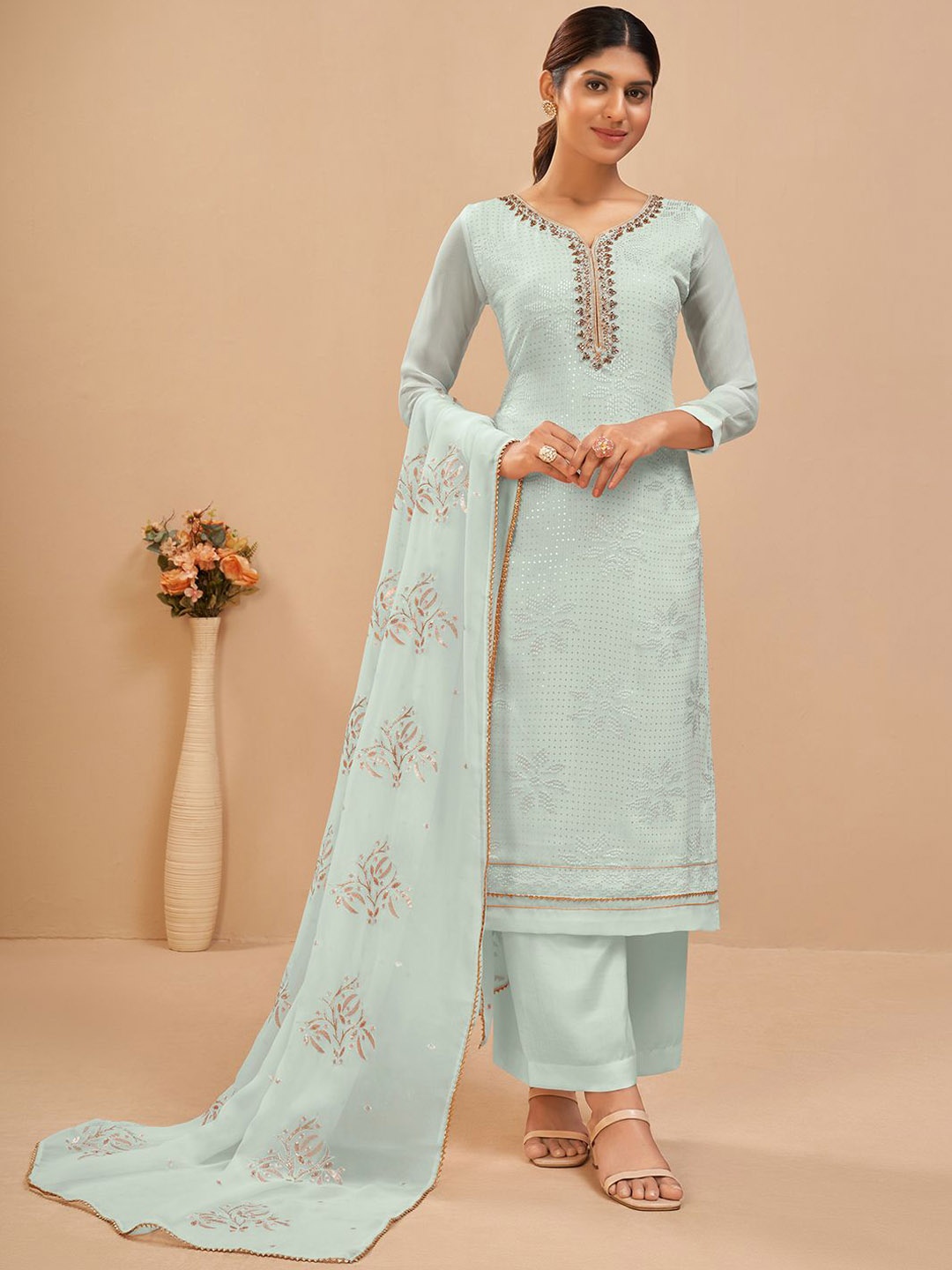 

ALIZEH Brasso Embroidered Khatli Work Neckline On Straight Kurta With Salwar And Dupatta, Blue