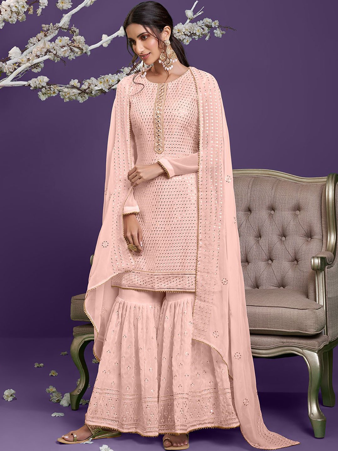 

ALIZEH Sequins With Thread Embroidered Short Kurta With Sharara And Dupatta, Peach