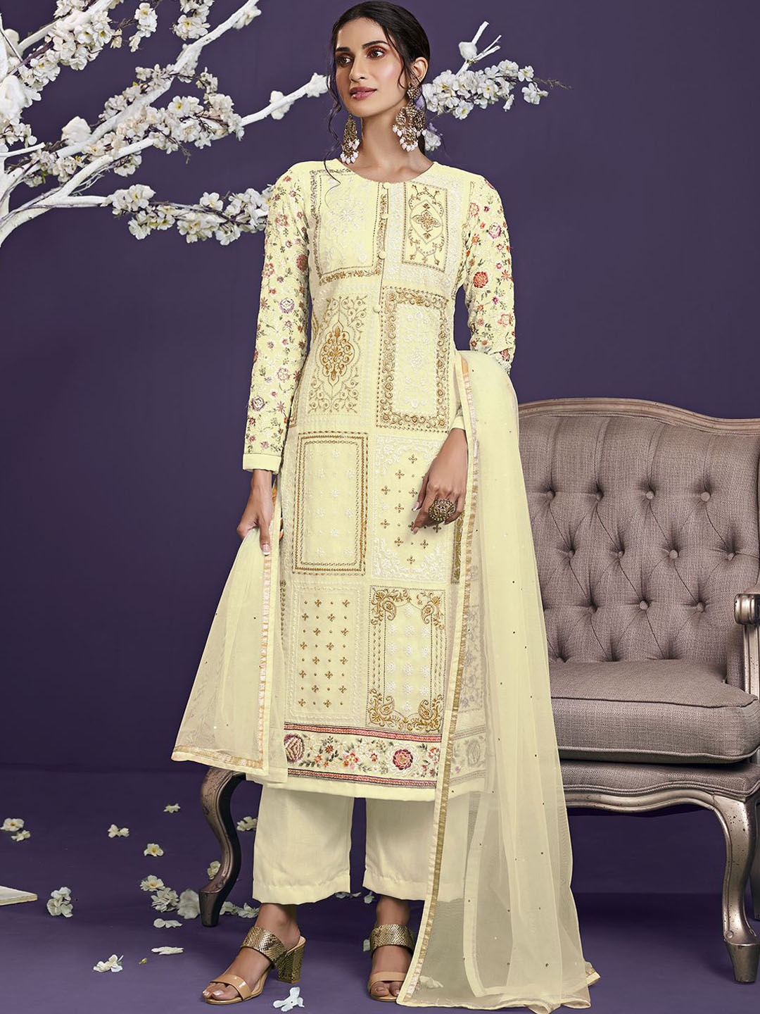 

ALIZEH Floral Embroidered Heavy Sleeves Kurta With Trousers And Dupatta, Yellow