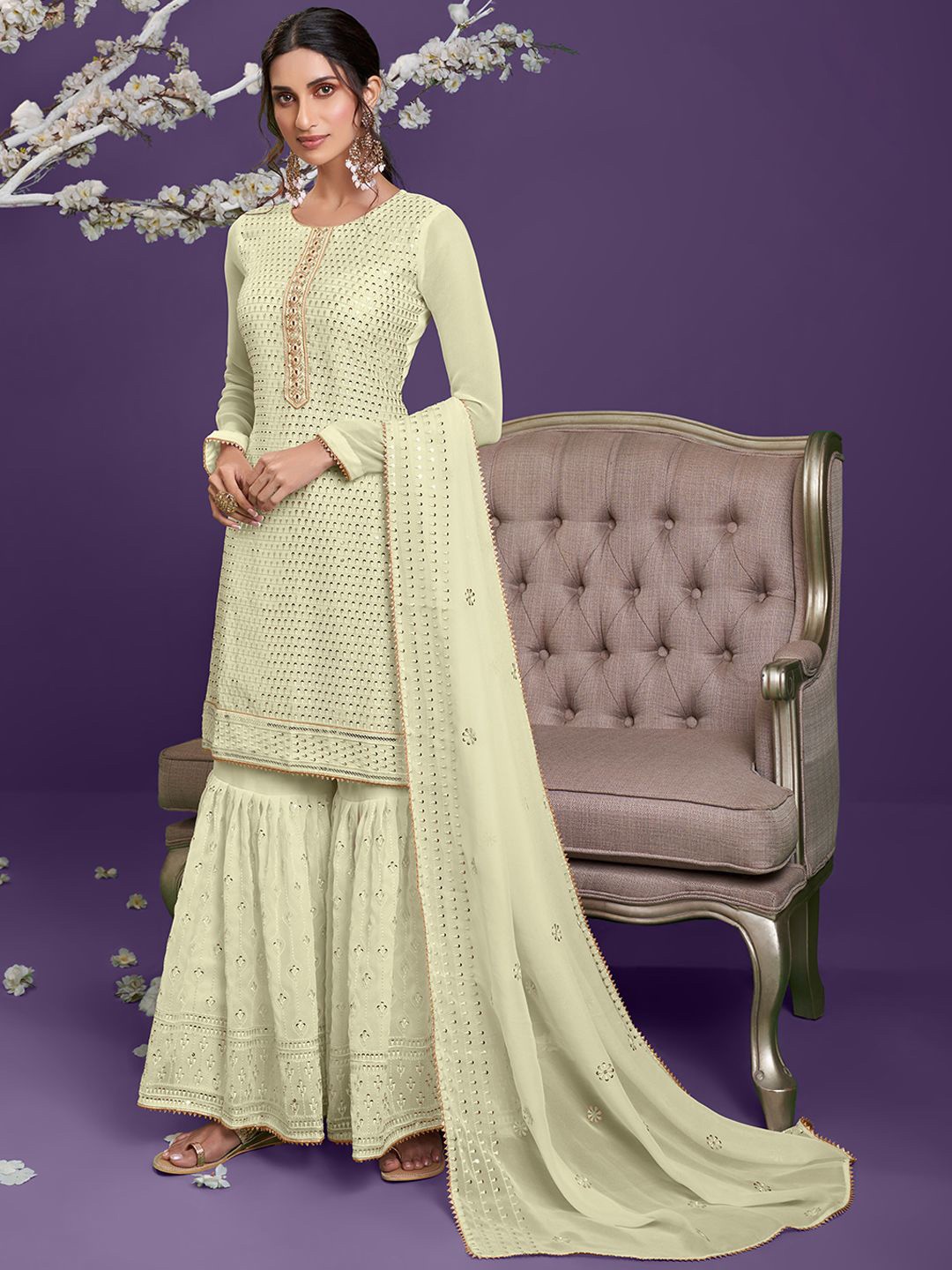 

ALIZEH Sequins With Thread Embroidered Short Kurta With Sharara And Dupatta, Yellow