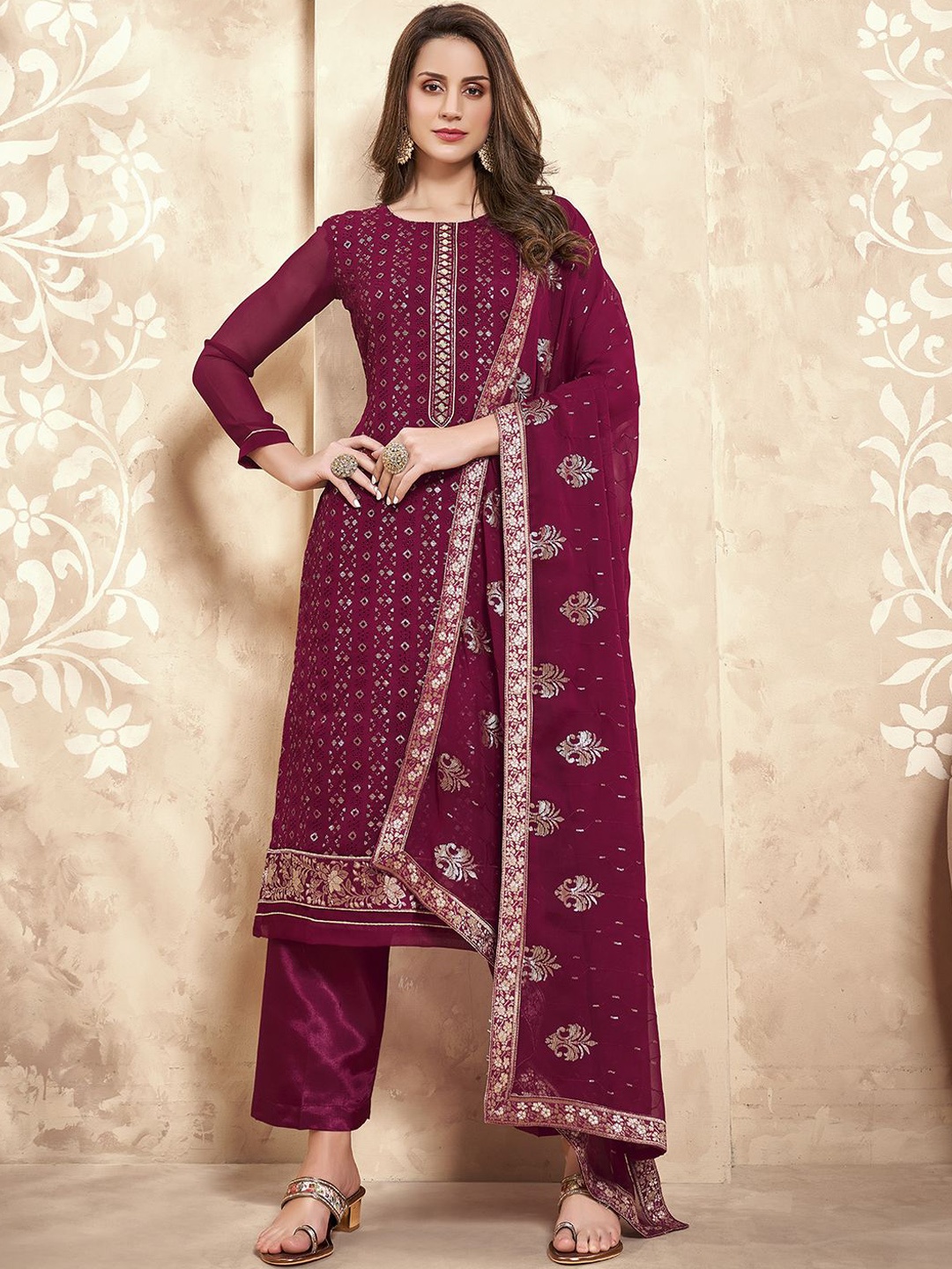 

ALIZEH Ethnic Motifs Embroidered Staight Suit With Trousers And Dupatta, Magenta