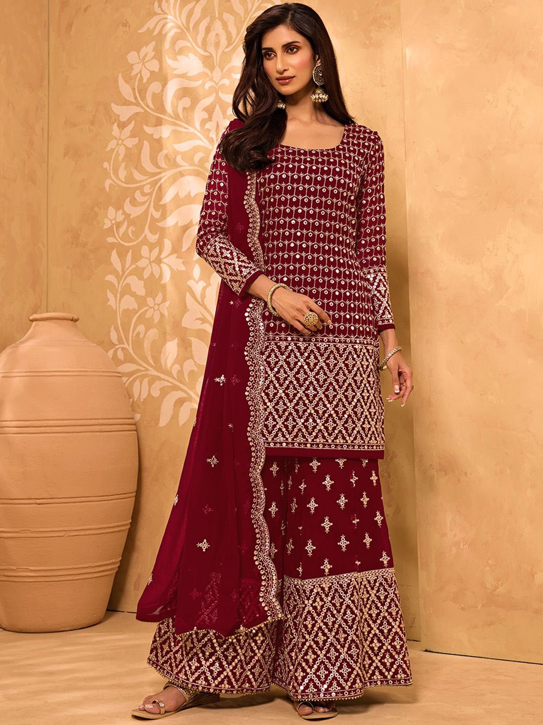 

ALIZEH Embroidered Zari Work Kurta With Heavy Sharara And Cut Work Dupatta, Maroon