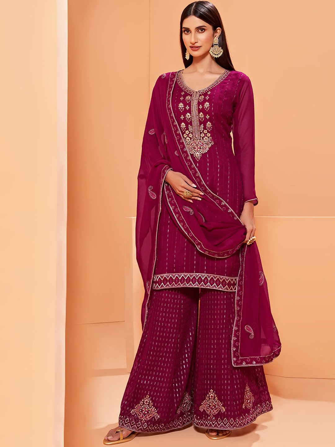 

ALIZEH Ethnic Motifs Embroidered Sequinned Straight Kurta With Sharara And Dupatta, Magenta