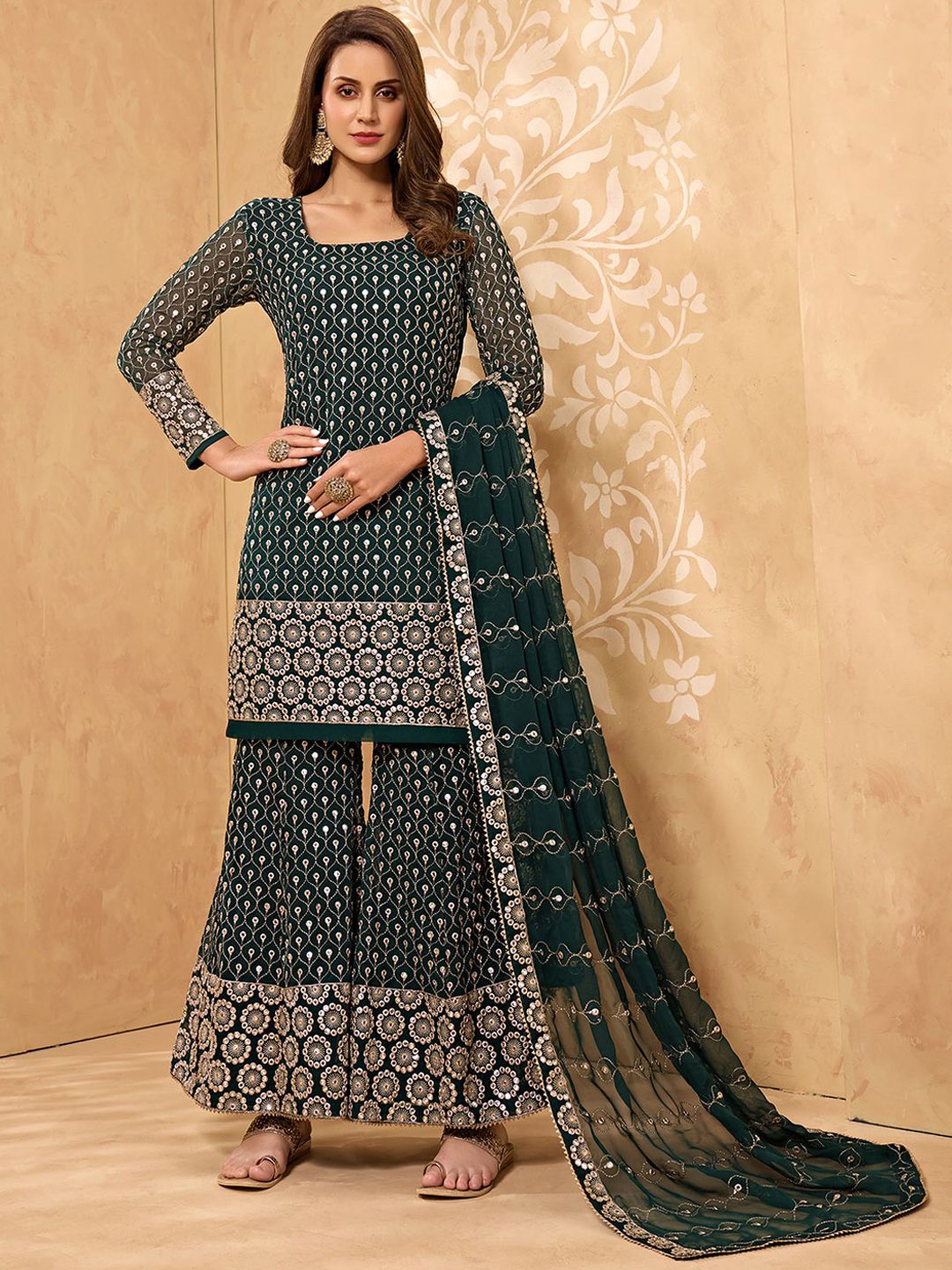 

ALIZEH Embroidered Zari Work Kurta With Heavy Sharara And Cut Work Dupatta, Green