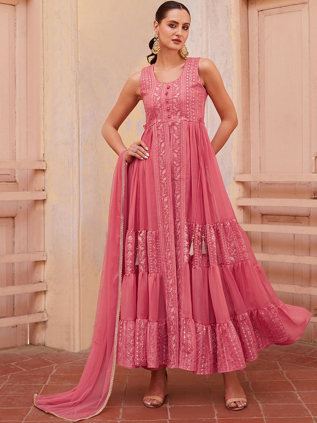 

ALIZEH Gajri Pink Embroidered Pleated Anarkali Kurta, Pant And Dupatta Set