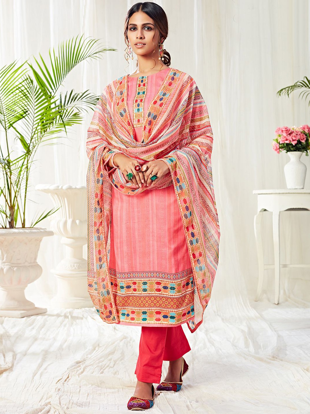 

ALIZEH Ethnic Motifs Printed Sequinned Straight Kurta With Trousers & Dupatta, Pink