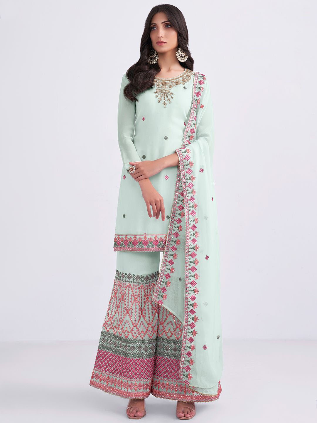 

ALIZEH Embroidered Georgette Short Kurta With Sharara And Dupatta, Blue