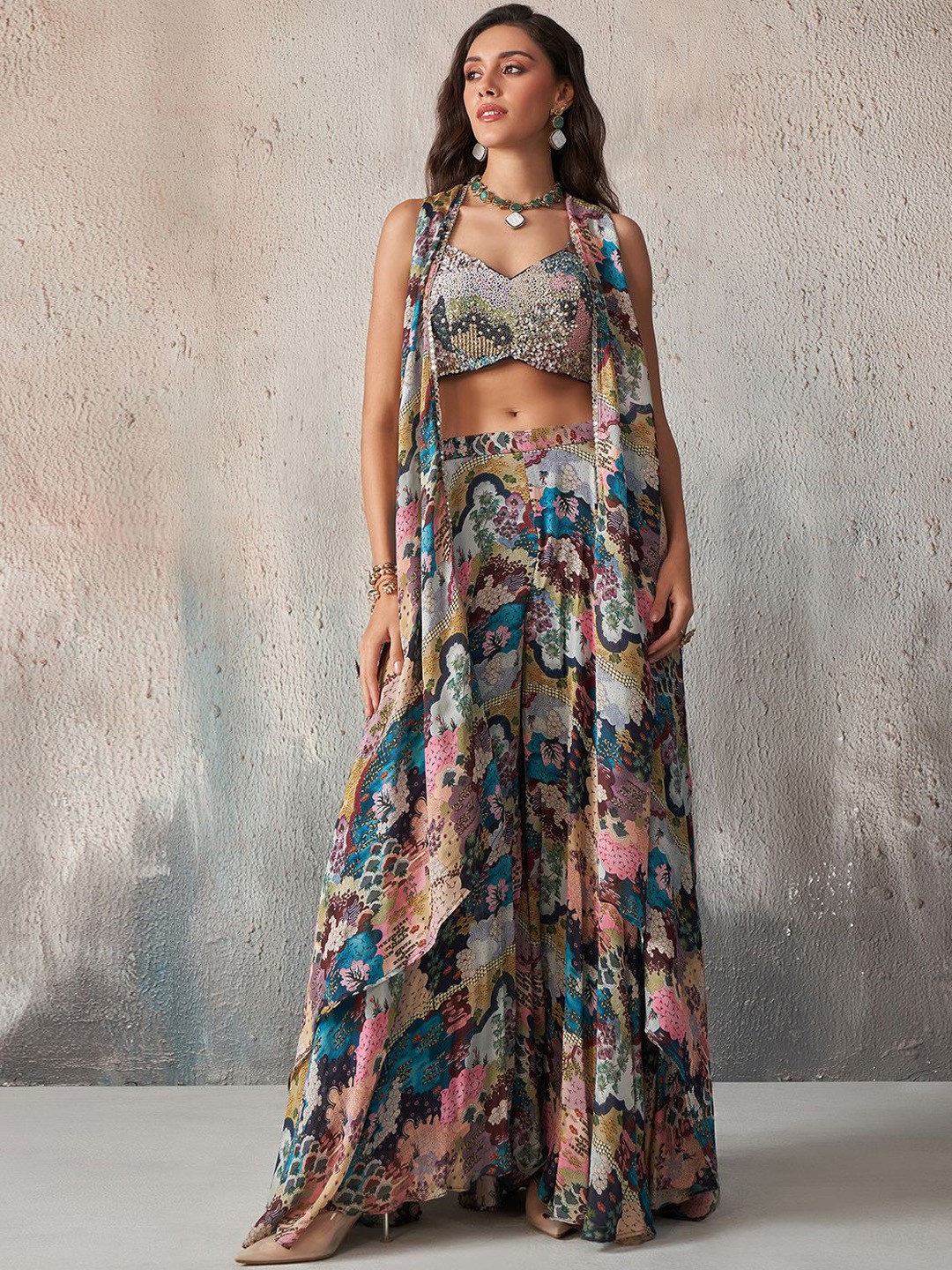 

ALIZEH Khatli Work Blouse With Printed Sharara And Cape, Blue