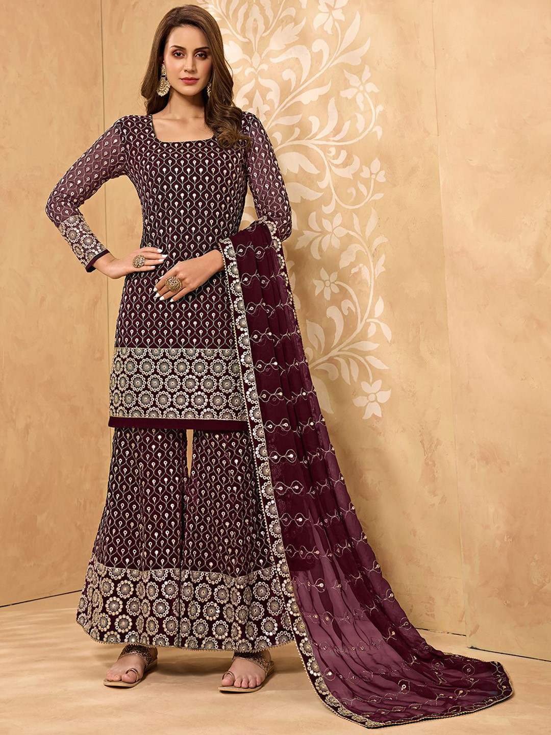 

ALIZEH Embroidered Zari Work Kurta With Heavy Sharara And Cut Work Dupatta, Burgundy