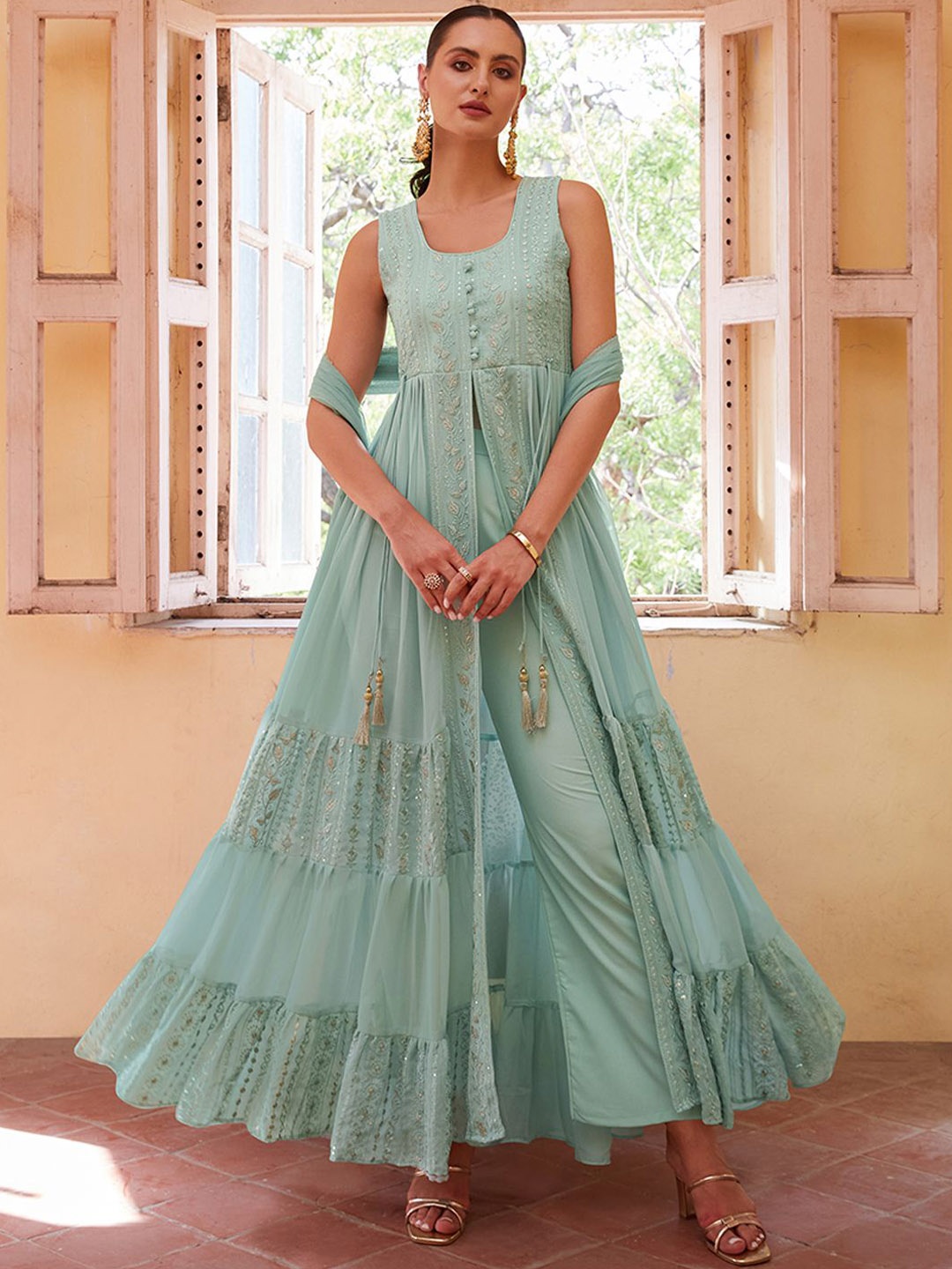 

ALIZEH Powder Blue Embroidered Pleated Anarkali Kurta, Pant And Dupatta Set, Turquoise blue