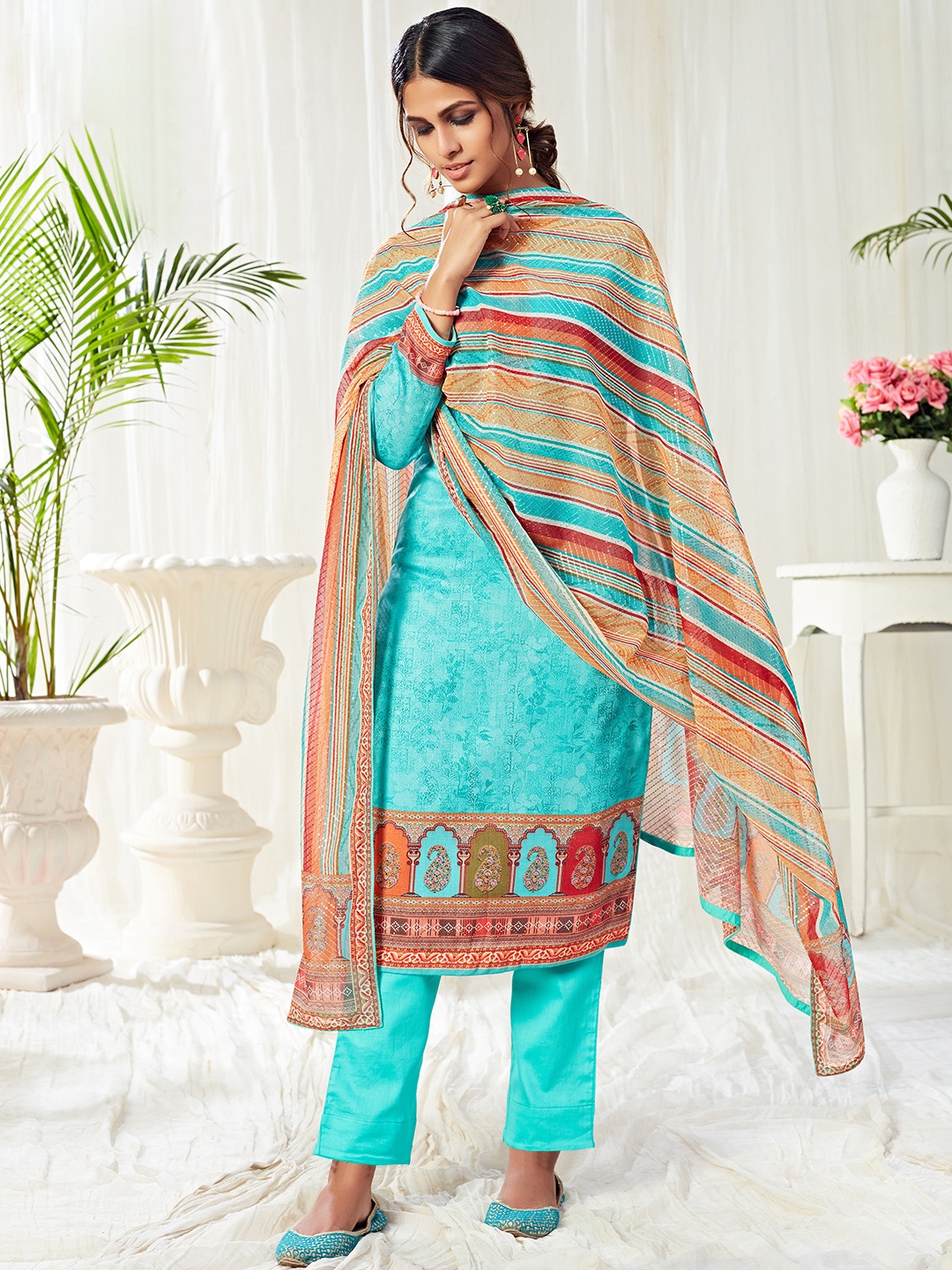 

ALIZEH Ethnic Motifs Printed Sequinned Straight Kurta With Trousers & Dupatta, Turquoise blue