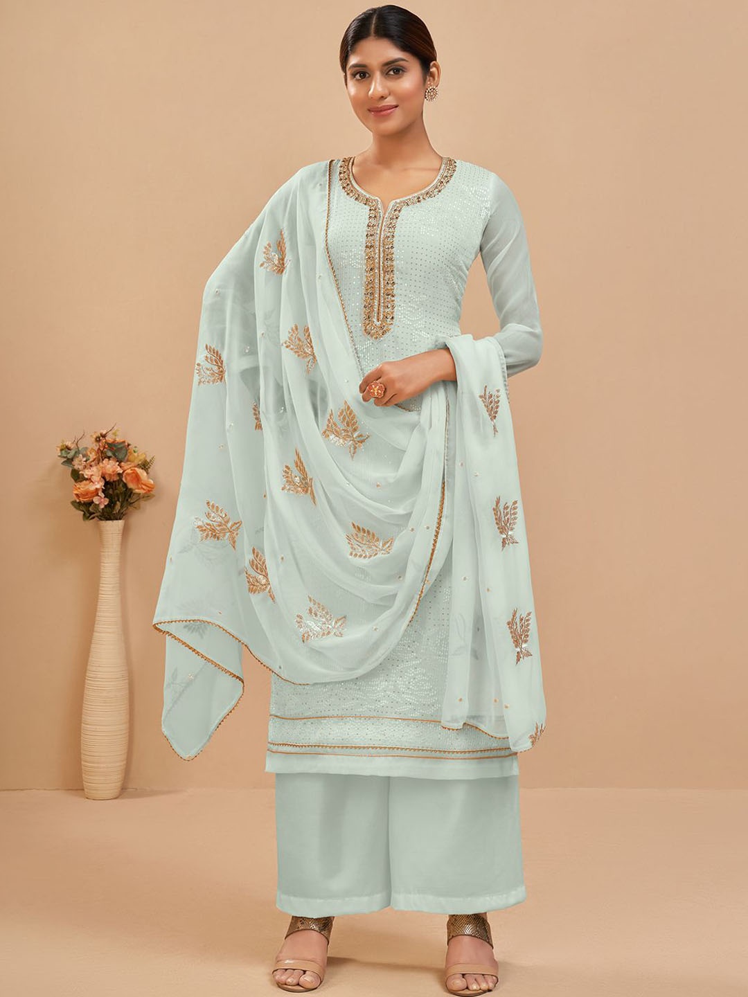 

ALIZEH Brasso Embroidered Khatli Work Neckline On Straight Kurta With Salwar And Dupatta, Blue
