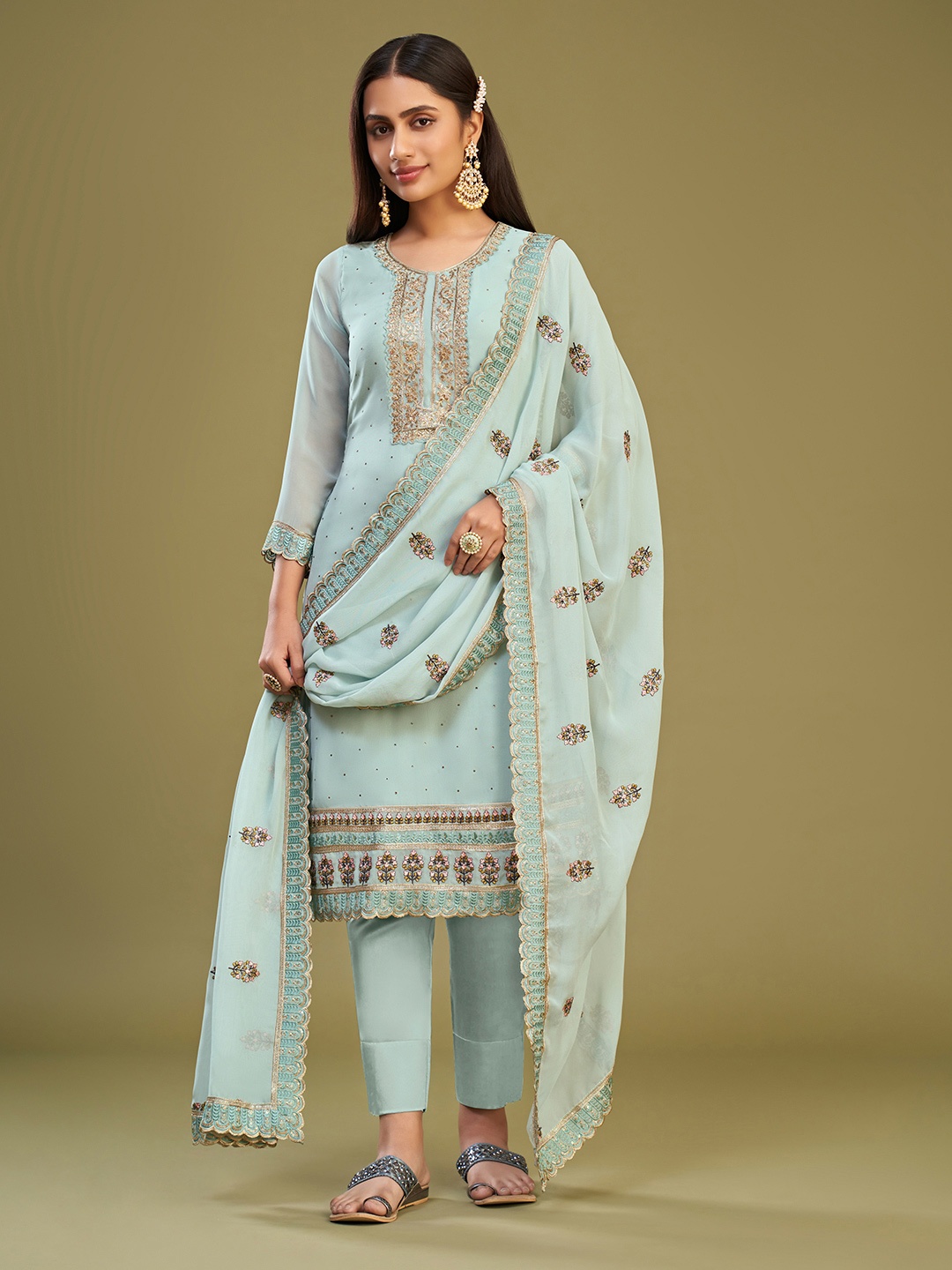 

ALIZEH Zari Embroidered Straight Kurta With Trousers And Dupatta, Blue