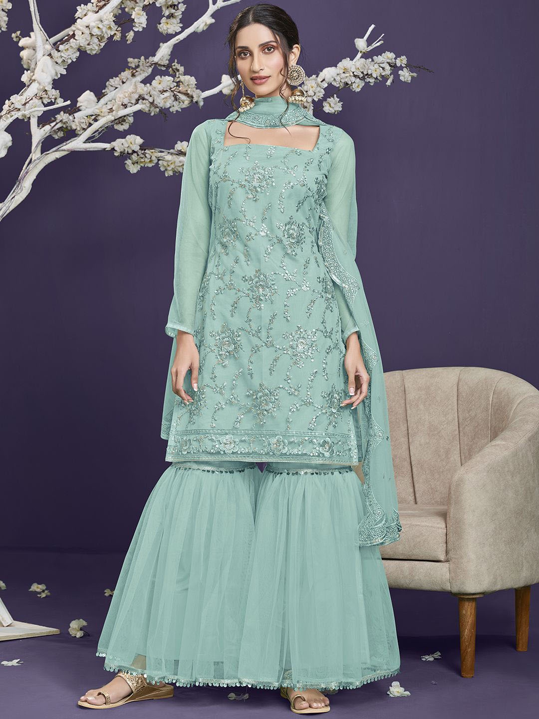 

ALIZEH Embroidered Short Kurta With Net Sharara And Dupatta, Turquoise blue