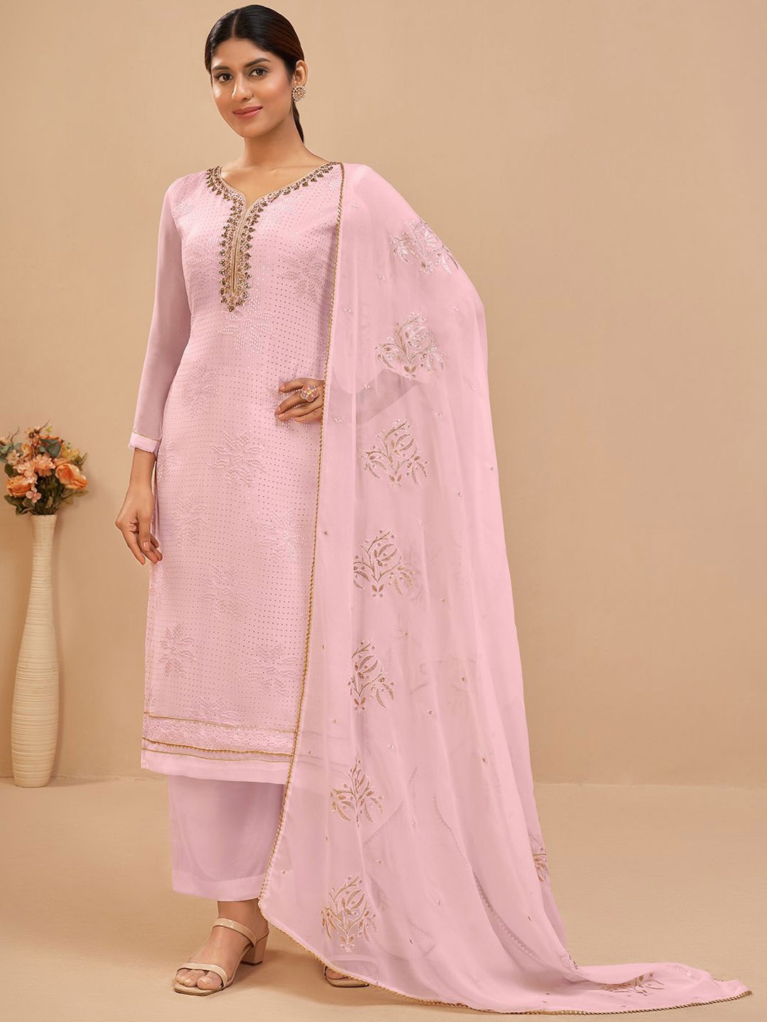 

ALIZEH Brasso Embroidered Khatli Work Neckline On Straight Kurta With Salwar And Dupatta, Pink