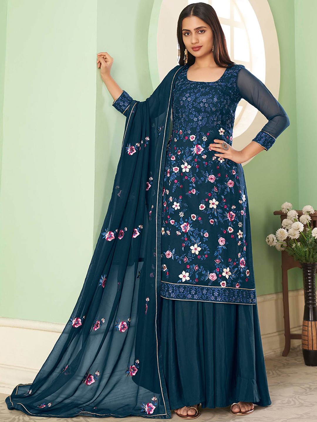 

ALIZEH Floral Embroidered round Neck Kurta With Sharara And Dupatta, Blue