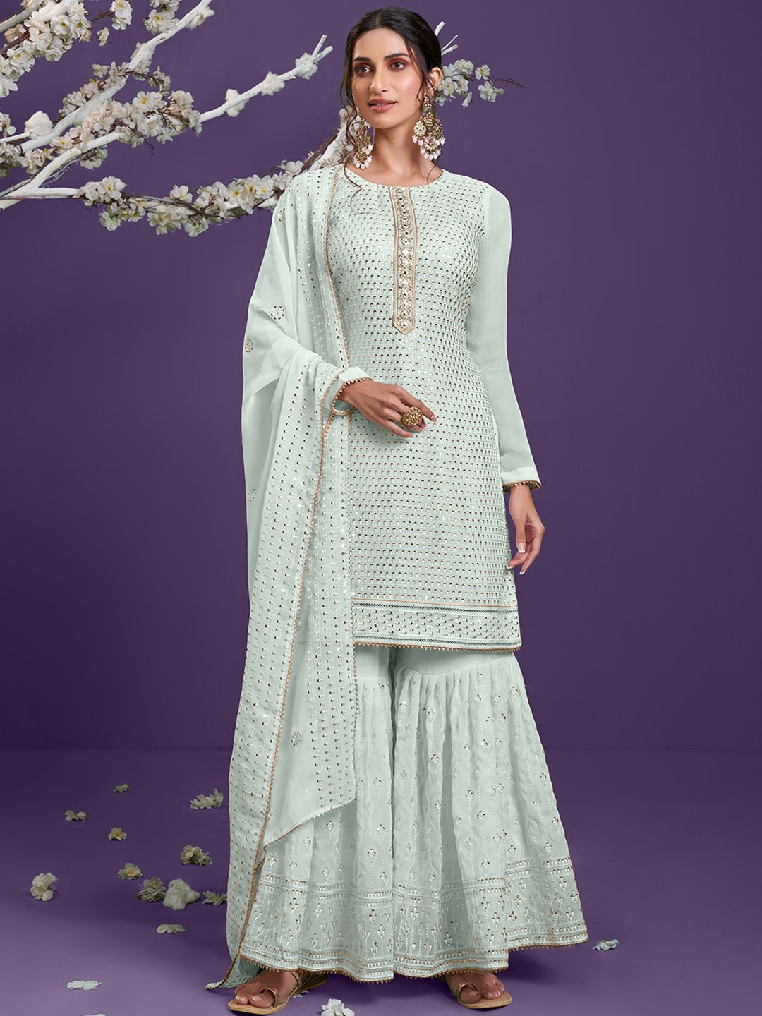 

ALIZEH Sequins With Thread Embroidered Short Kurta With Sharara And Dupatta, Blue