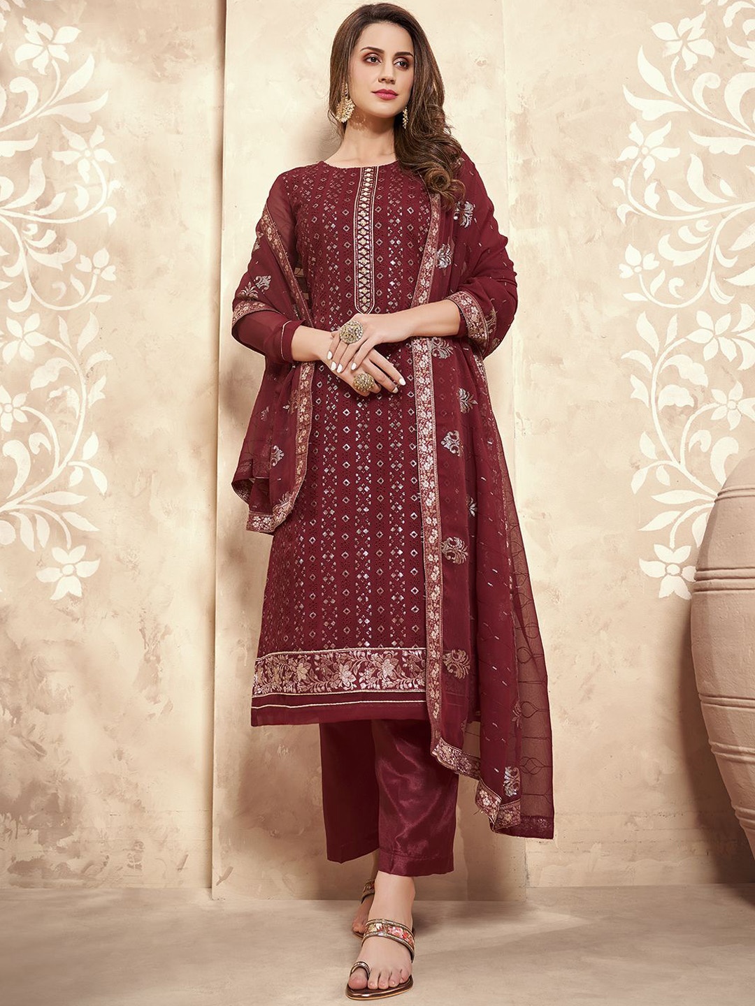 

ALIZEH Ethnic Motifs Embroidered Staight Suit With Trousers And Dupatta, Maroon
