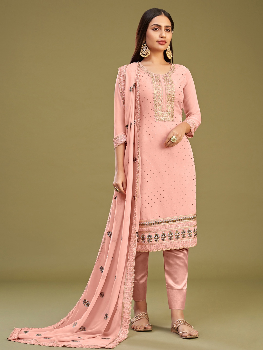 

ALIZEH Floral And Zari Embroidered Staight Kurta With Trousers And Dupatta, Peach