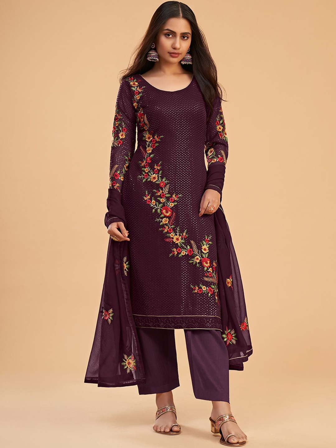 

ALIZEH Floral And Sequins Embroidered Straight Kurta With Trusers And Dupatta, Burgundy