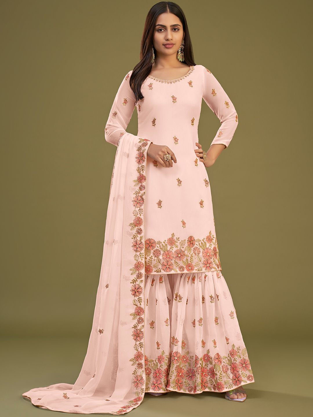 

ALIZEH Floral Motifs Embroidered Georgette Kurta With Sharara And Dupatta, Peach