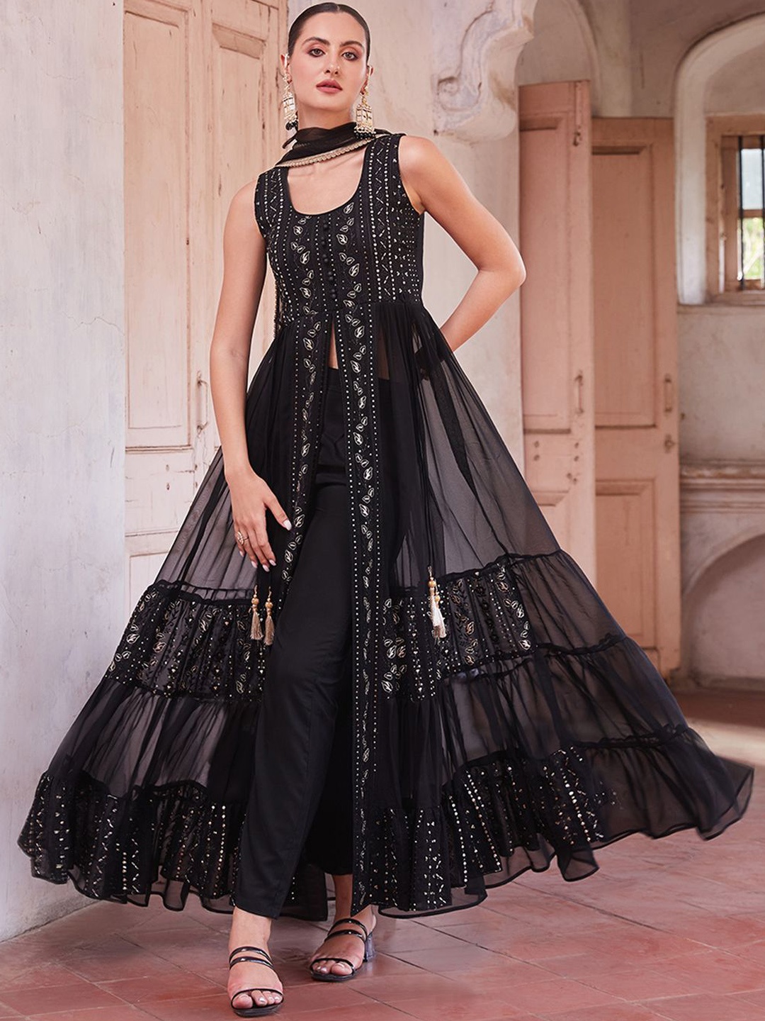 

ALIZEH Black Embroidered Pleated Anarkali Kurta, Pant And Dupatta Set