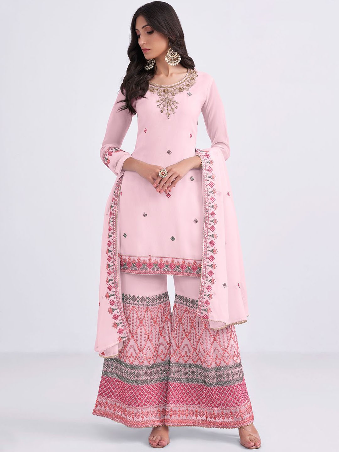 

ALIZEH Embroidered Georgette Short Kurta With Sharara And Dupatta, Pink