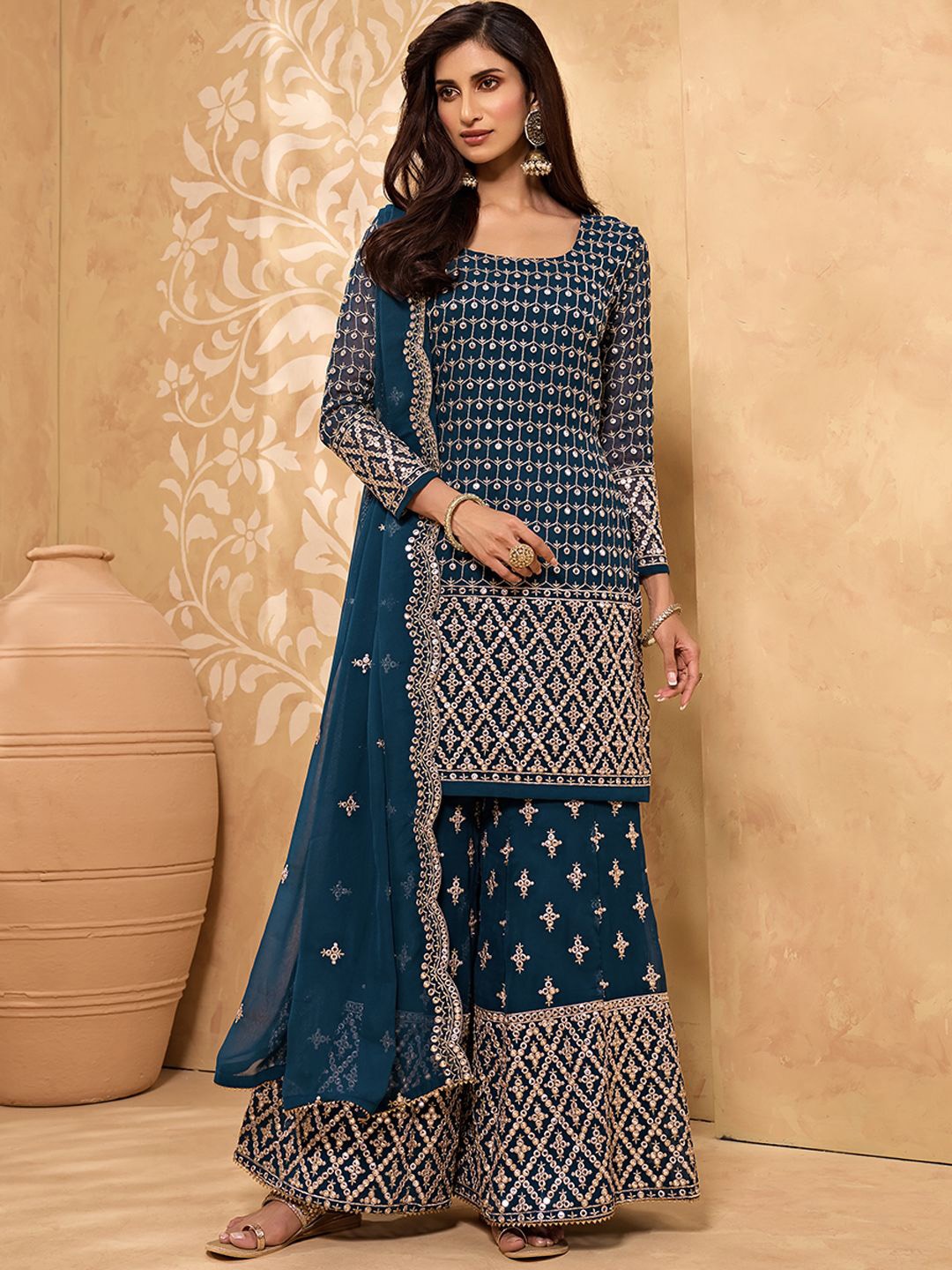 

ALIZEH Embroidered Zari Work Kurta With Heavy Sharara And Cut Work Dupatta, Teal