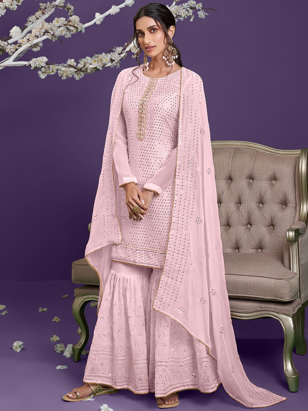 

ALIZEH Sequins With Thread Embroidered Short Kurta With Sharara And Dupatta, Pink