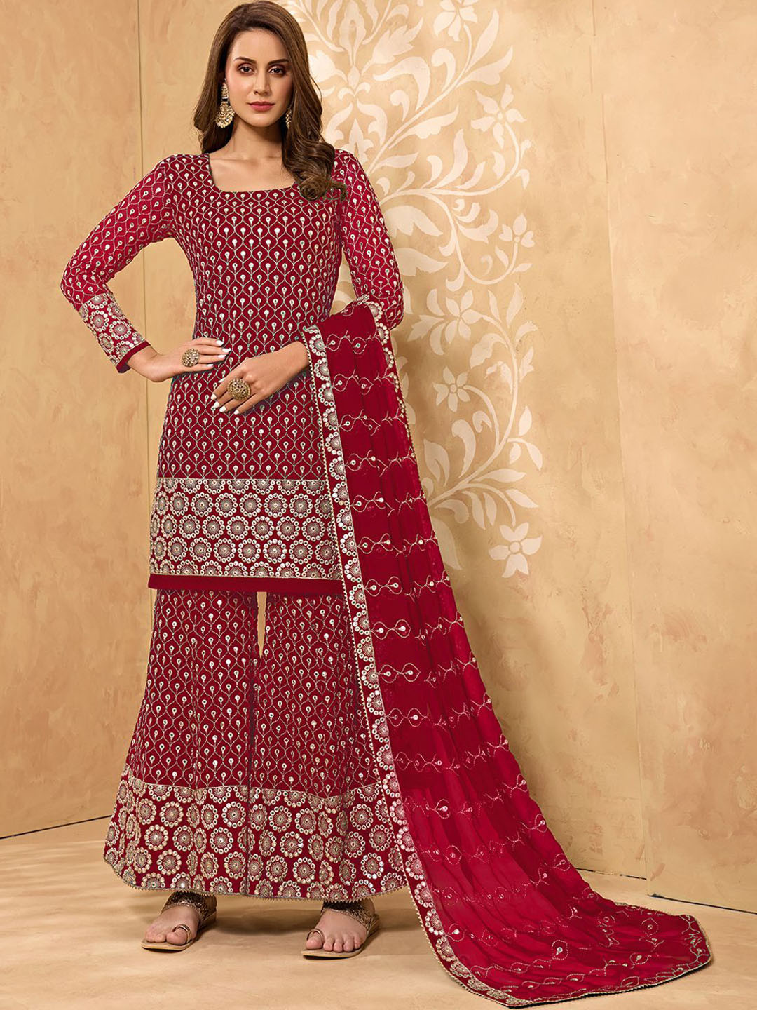 

ALIZEH Embroidered Zari Work Kurta With Heavy Sharara And Cut Work Dupatta, Maroon