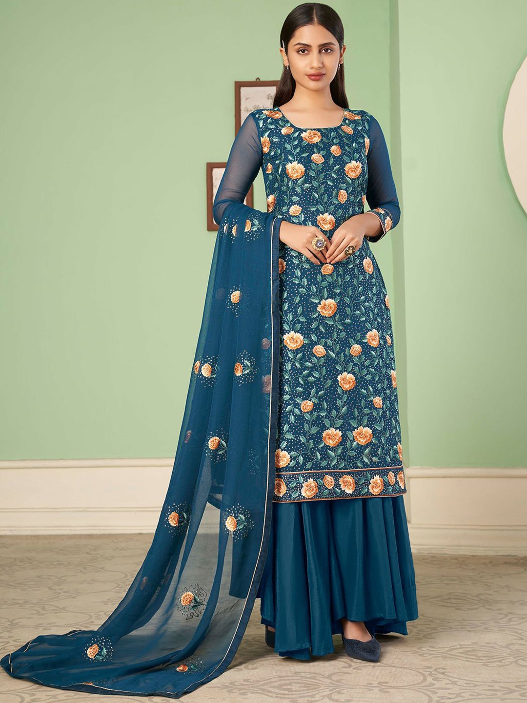 

ALIZEH Floral Embroidered round Neck Kurta With Sharara And Dupatta, Teal